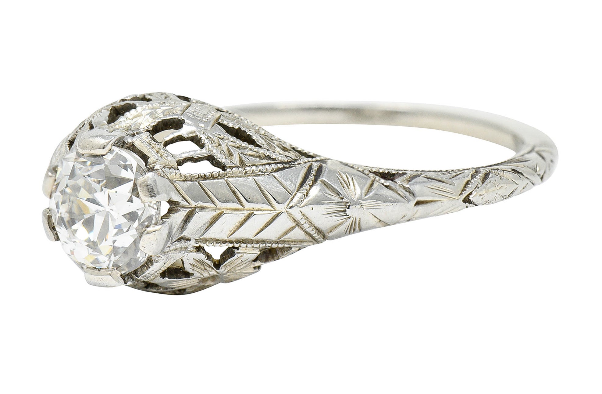 Art Deco 0.81 CTW Diamond 18 Karat White Gold Floral Engagement Ring GIARing - Wilson's Estate Jewelry