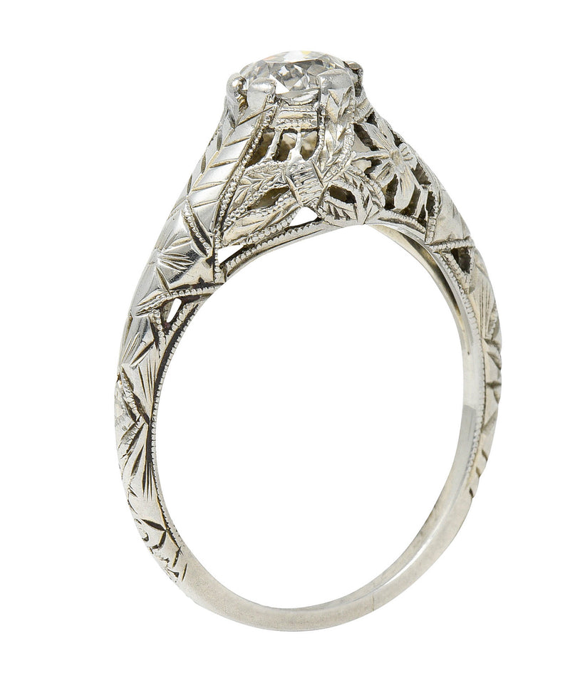 Art Deco 0.81 CTW Diamond 18 Karat White Gold Floral Engagement Ring GIARing - Wilson's Estate Jewelry