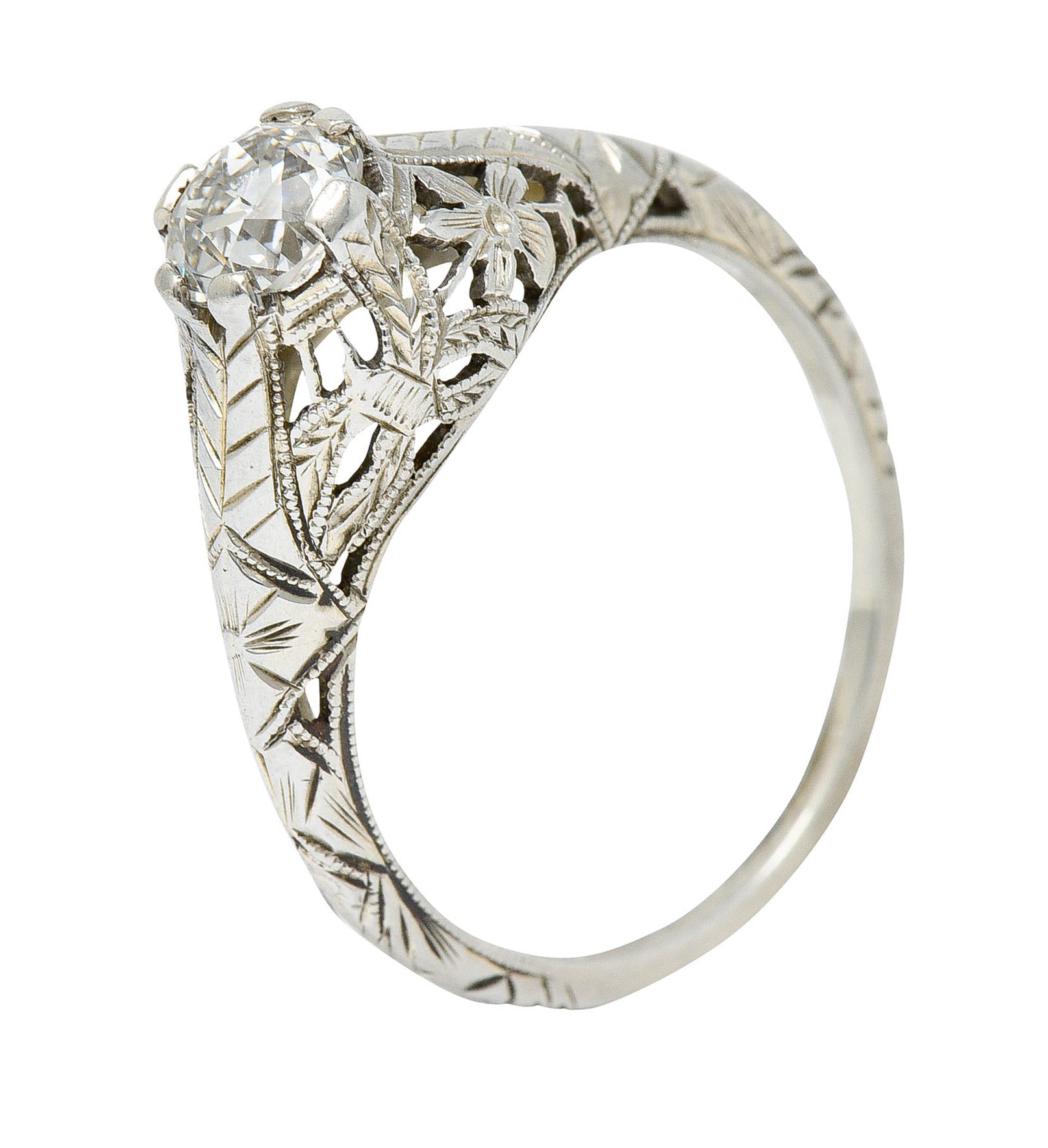 Art Deco 0.81 CTW Diamond 18 Karat White Gold Floral Engagement Ring GIARing - Wilson's Estate Jewelry