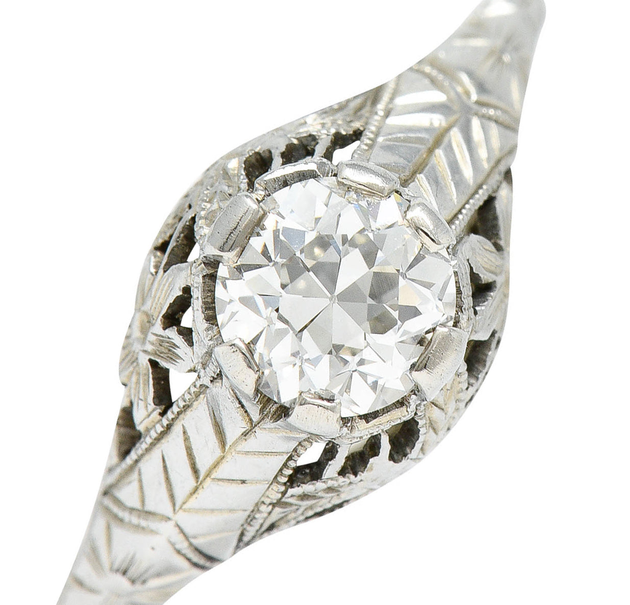 Art Deco 0.81 CTW Diamond 18 Karat White Gold Floral Engagement Ring GIARing - Wilson's Estate Jewelry