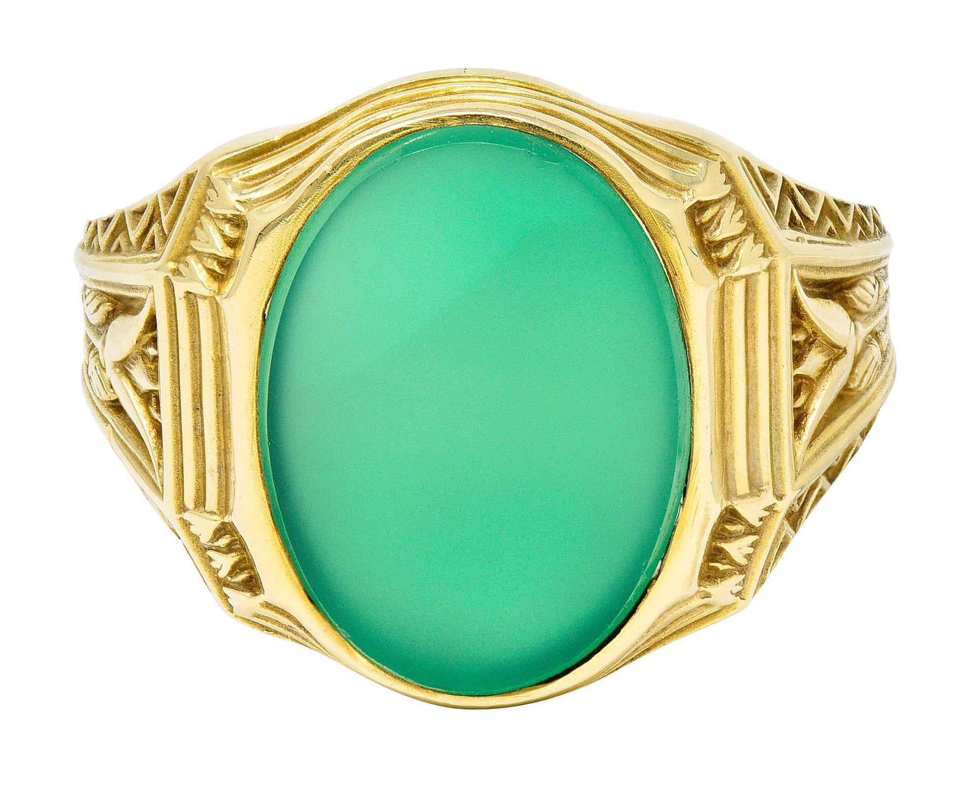 Art Deco Egyptian Revival Chrysoprase 14 Karat Gold Lotus Unisex Signet RingRing - Wilson's Estate Jewelry