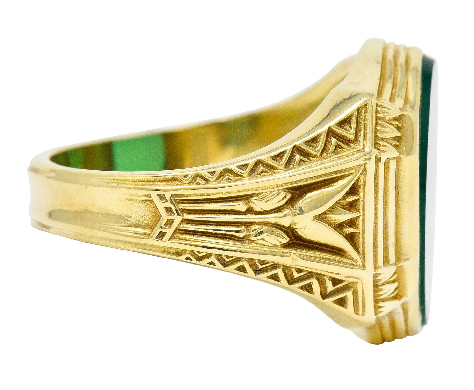 Art Deco Egyptian Revival Chrysoprase 14 Karat Gold Lotus Unisex Signet RingRing - Wilson's Estate Jewelry