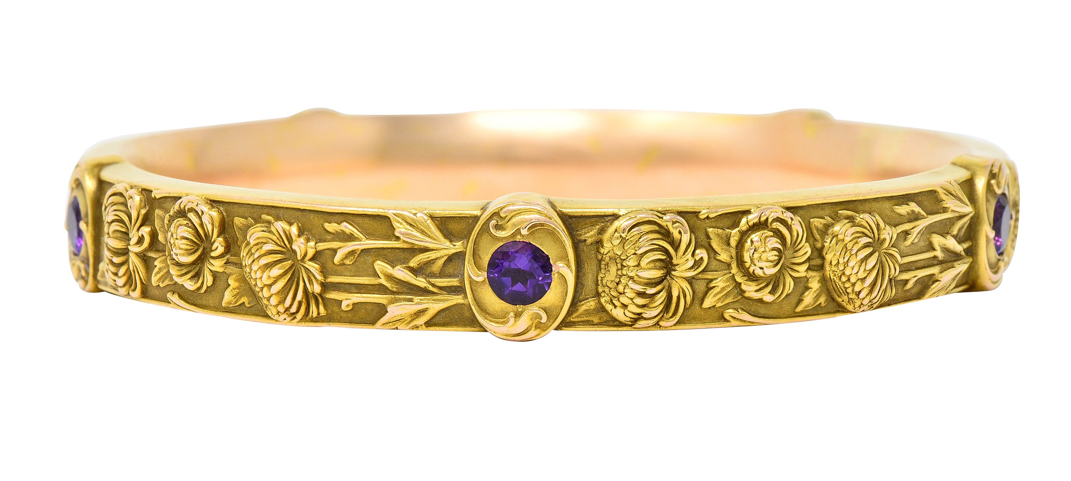 Riker Brothers Art Nouveau Floral Amethyst 14 Karat Gold Chrysanthemum Flower Bangle Braceletbracelet - Wilson's Estate Jewelry