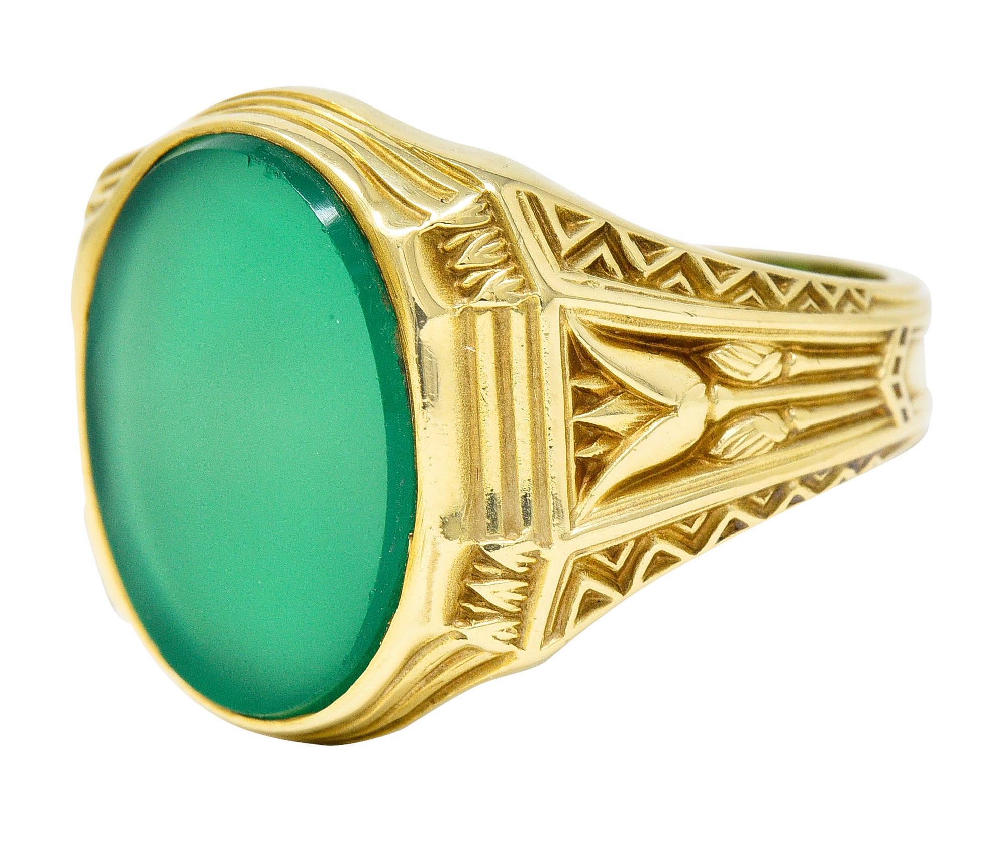 Art Deco Egyptian Revival Chrysoprase 14 Karat Gold Lotus Unisex Signet RingRing - Wilson's Estate Jewelry