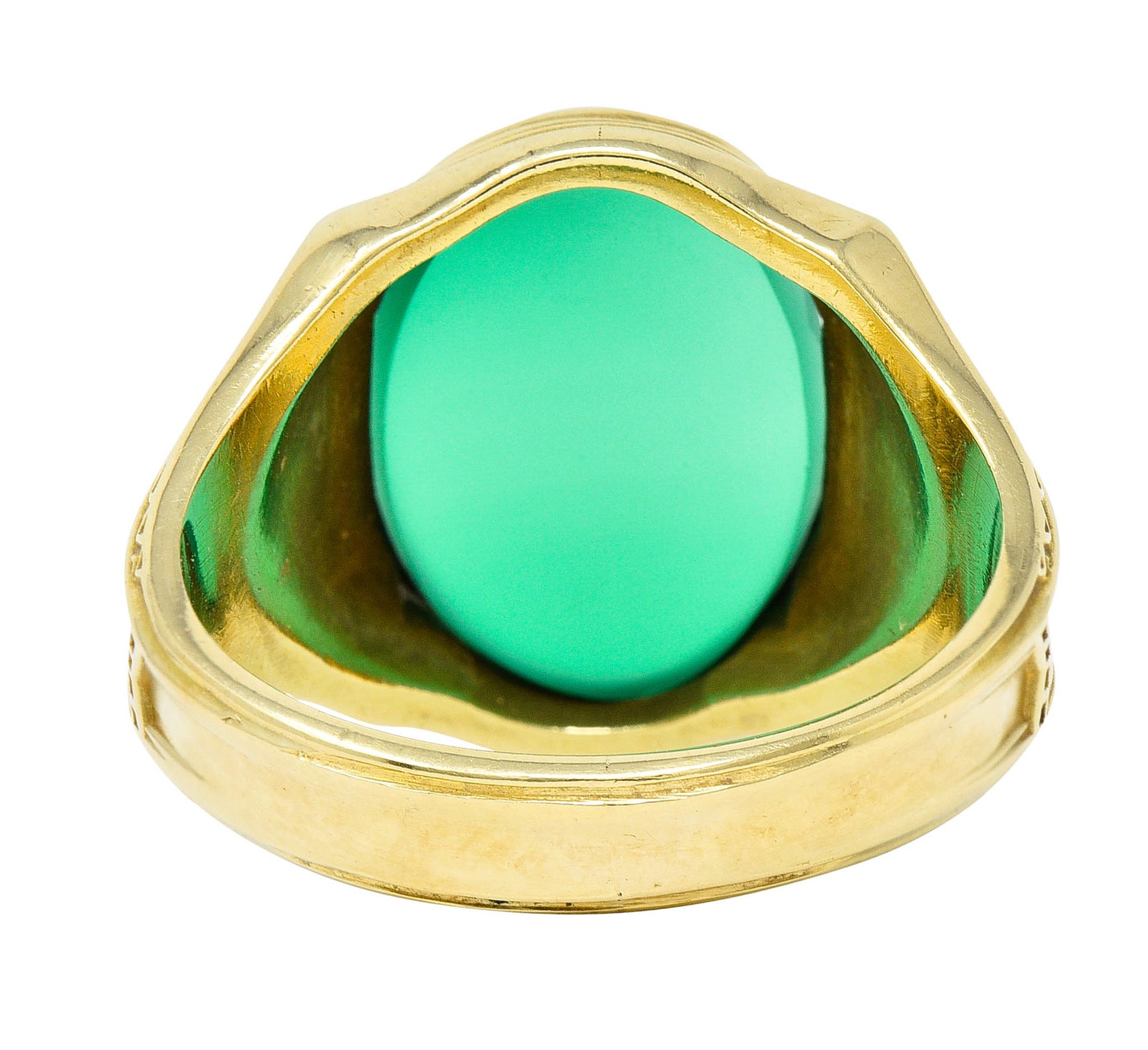 Art Deco Egyptian Revival Chrysoprase 14 Karat Gold Lotus Unisex Signet RingRing - Wilson's Estate Jewelry