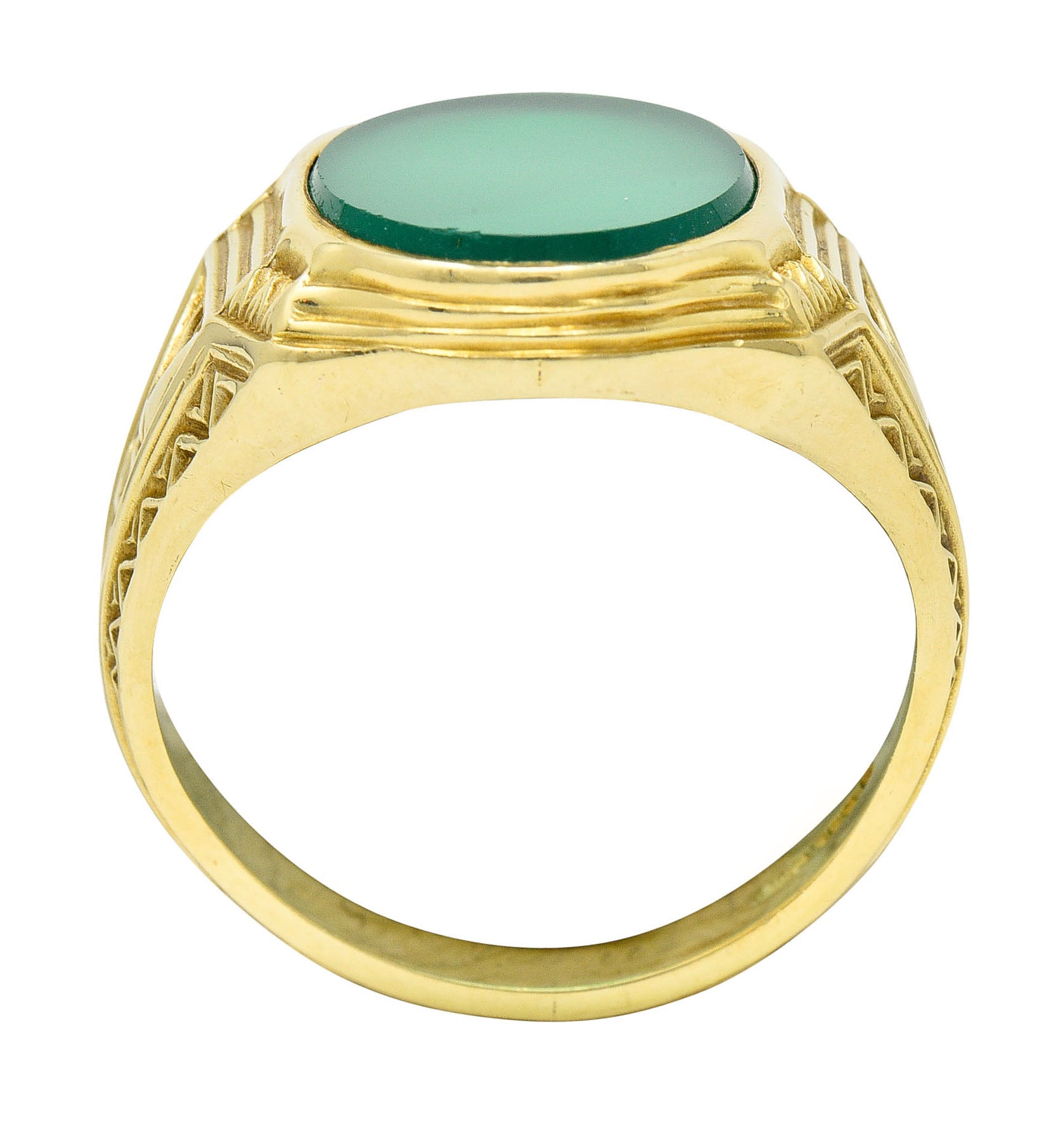 Art Deco Egyptian Revival Chrysoprase 14 Karat Gold Lotus Unisex Signet RingRing - Wilson's Estate Jewelry