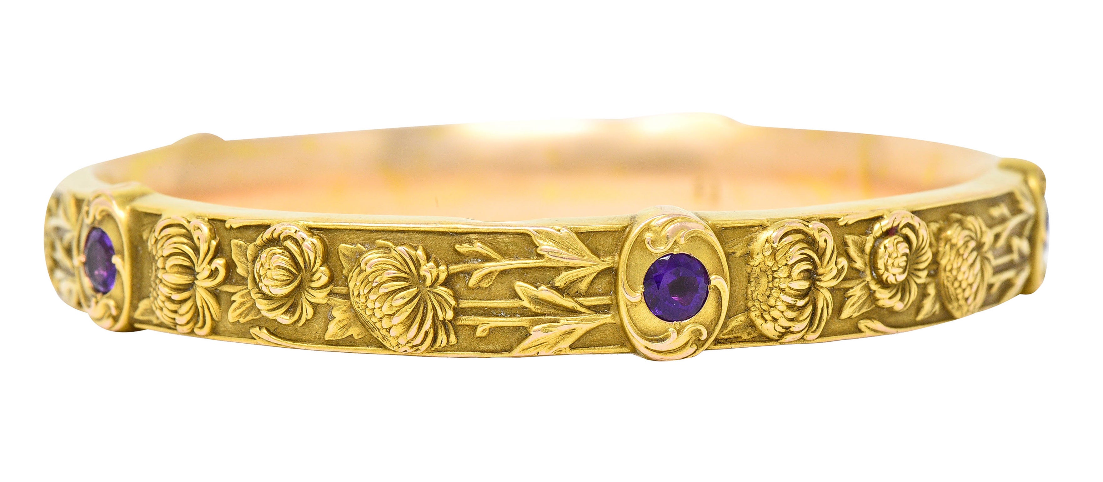 Riker Brothers Art Nouveau Floral Amethyst 14 Karat Gold Chrysanthemum Flower Bangle Braceletbracelet - Wilson's Estate Jewelry