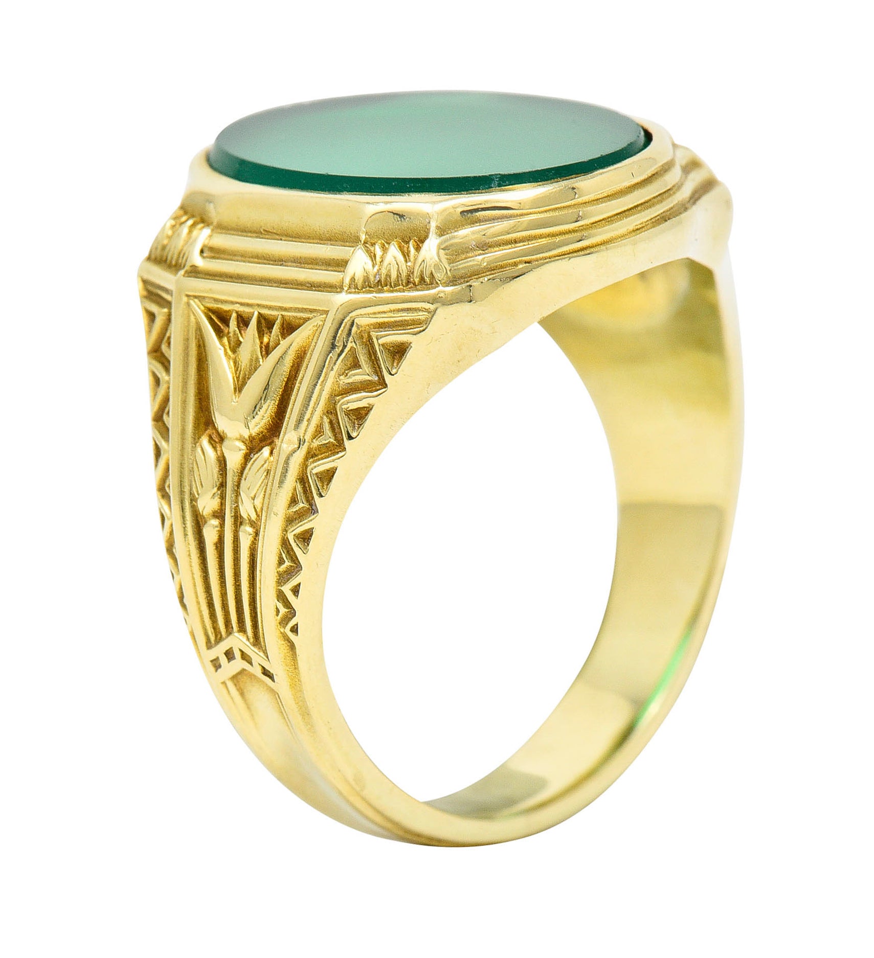 Art Deco Egyptian Revival Chrysoprase 14 Karat Gold Lotus Unisex Signet RingRing - Wilson's Estate Jewelry