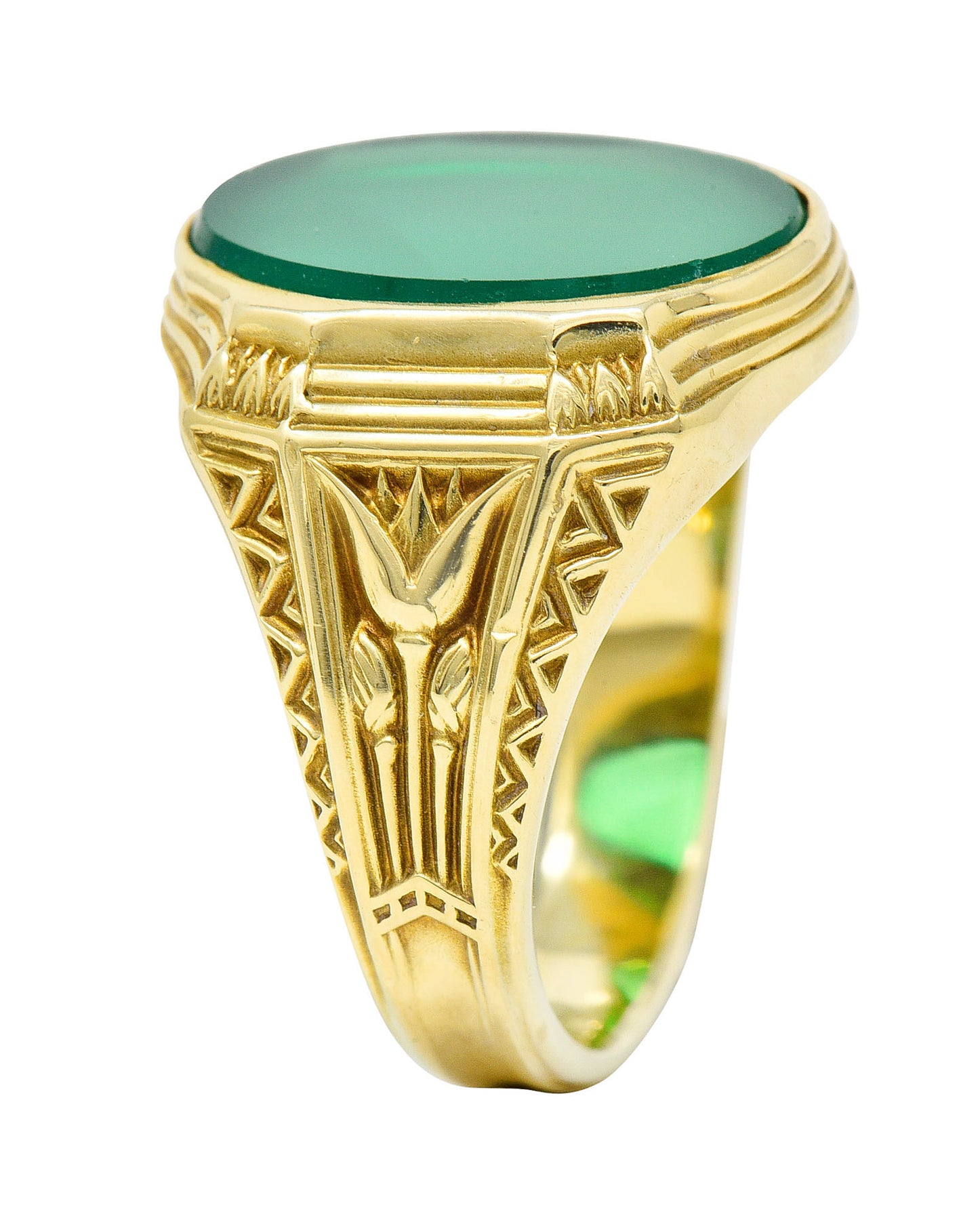 Art Deco Egyptian Revival Chrysoprase 14 Karat Gold Lotus Unisex Signet RingRing - Wilson's Estate Jewelry