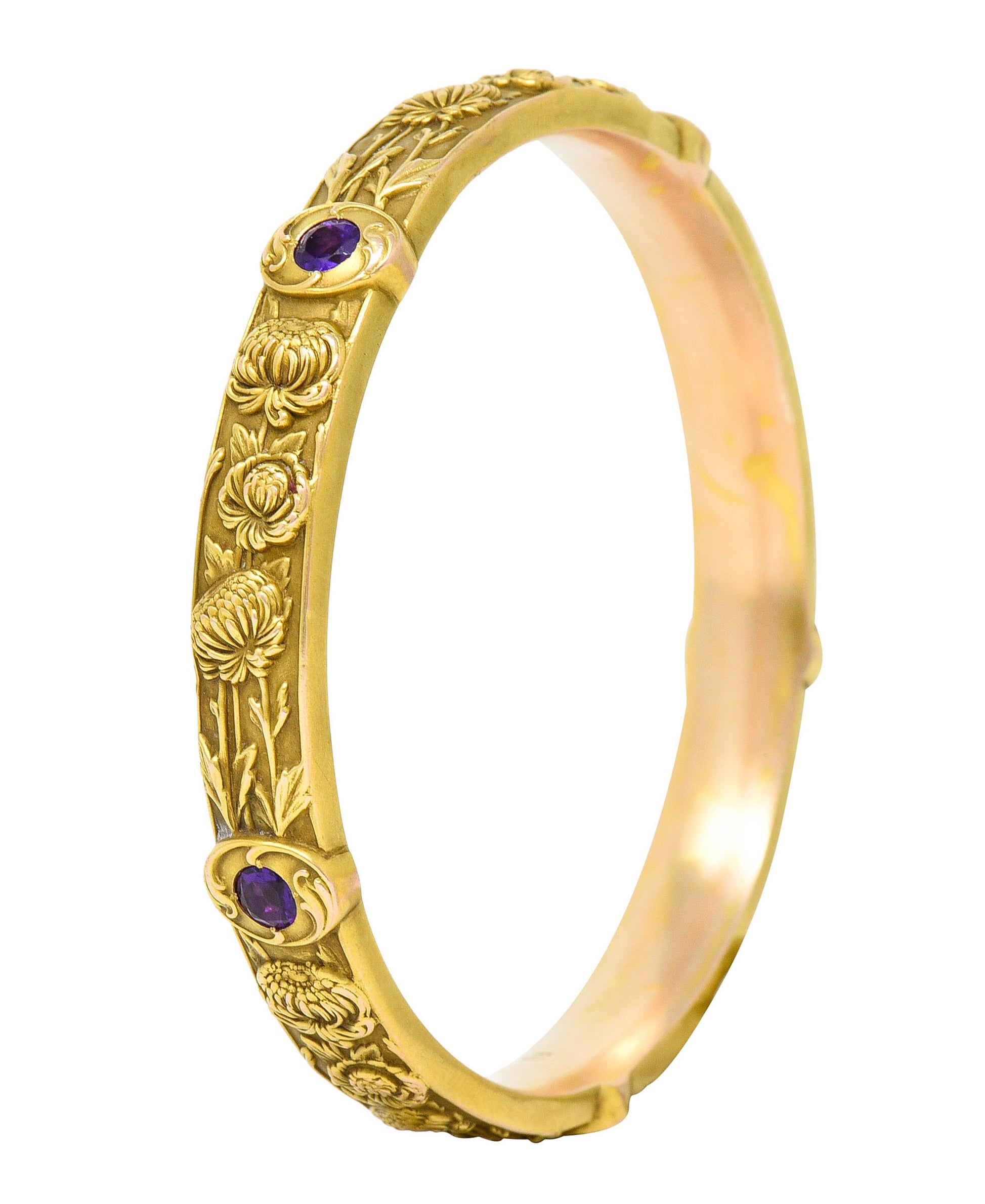 Riker Brothers Art Nouveau Floral Amethyst 14 Karat Gold Chrysanthemum Flower Bangle Braceletbracelet - Wilson's Estate Jewelry