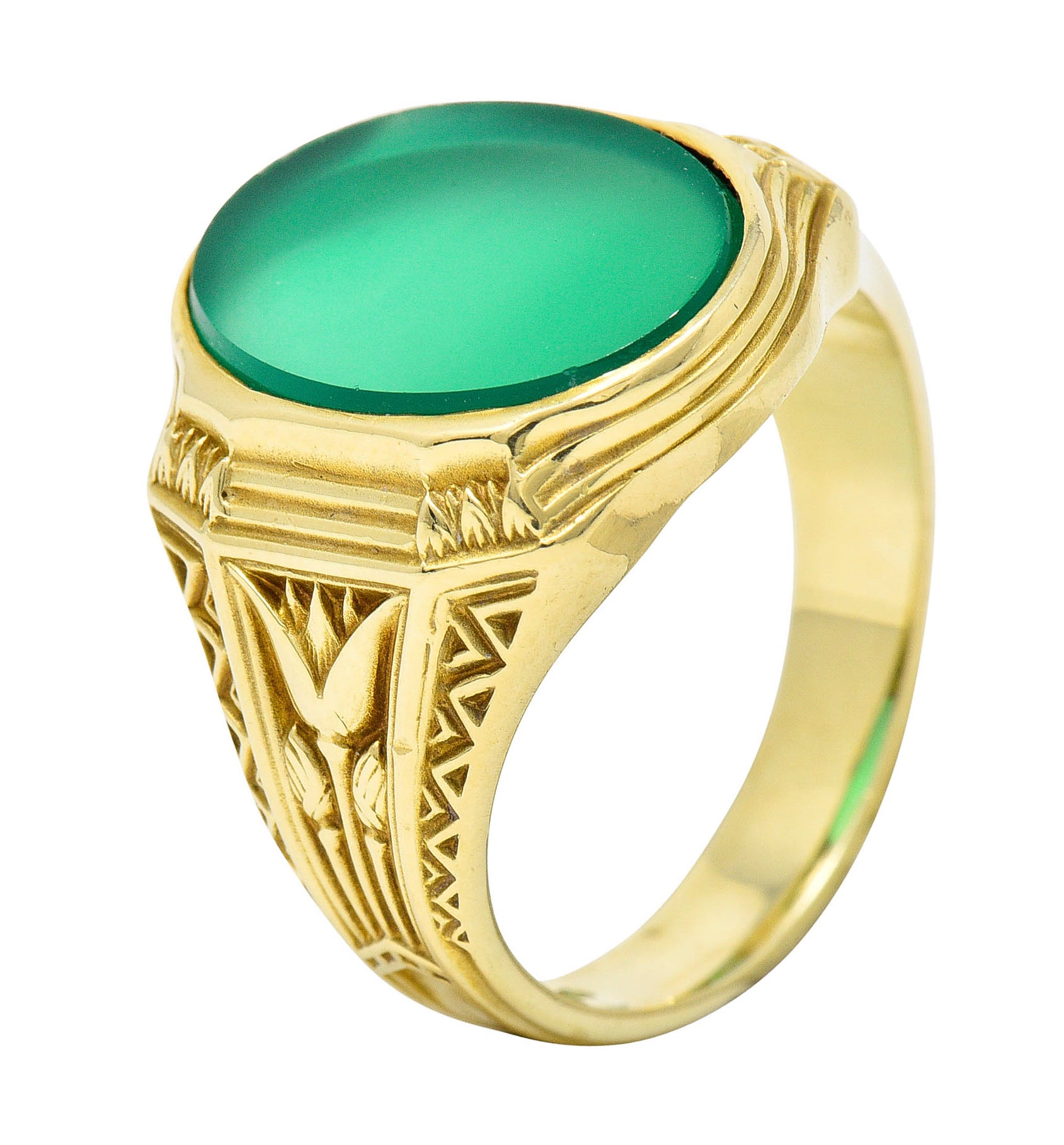 Art Deco Egyptian Revival Chrysoprase 14 Karat Gold Lotus Unisex Signet RingRing - Wilson's Estate Jewelry