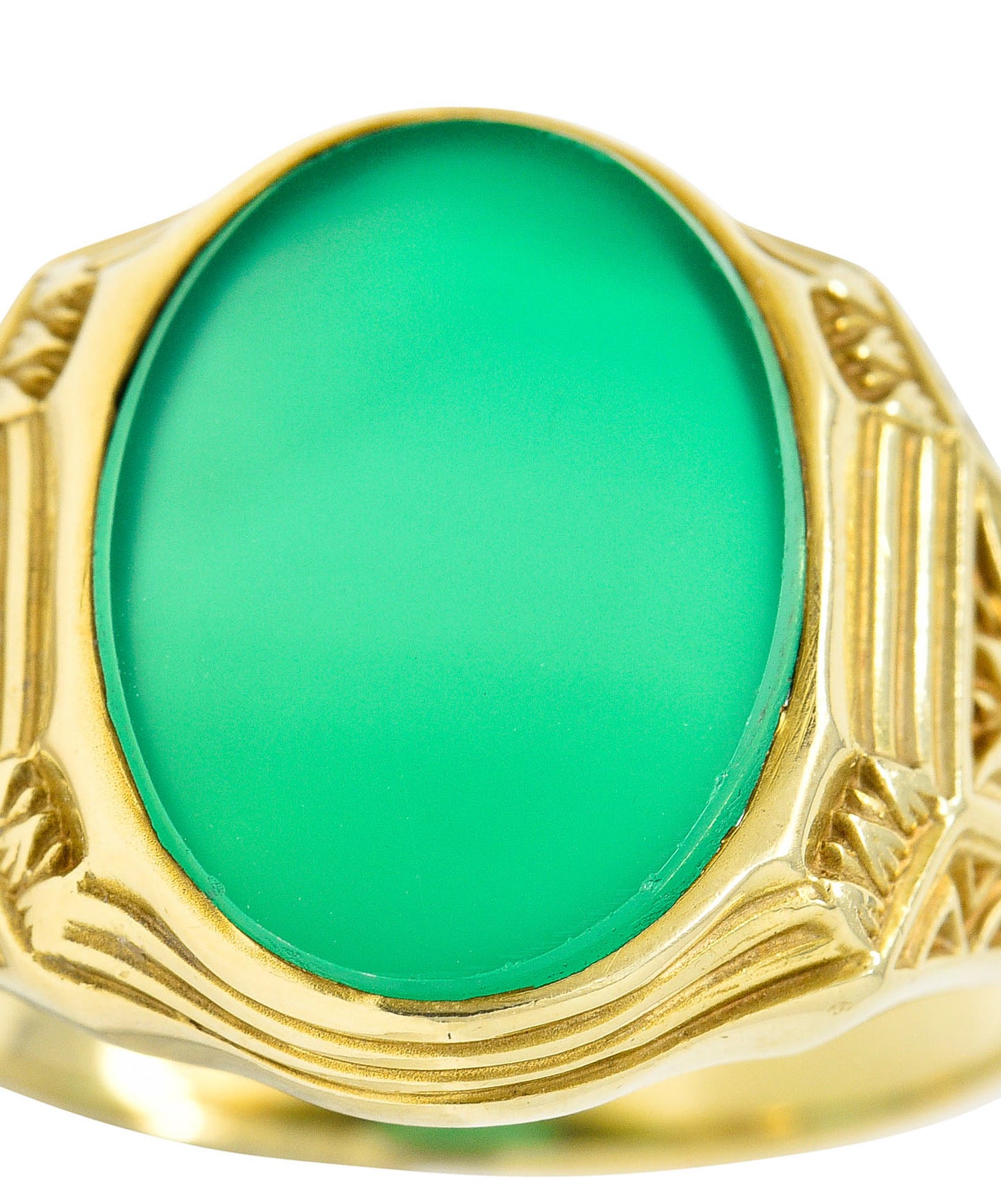 Art Deco Egyptian Revival Chrysoprase 14 Karat Gold Lotus Unisex Signet RingRing - Wilson's Estate Jewelry