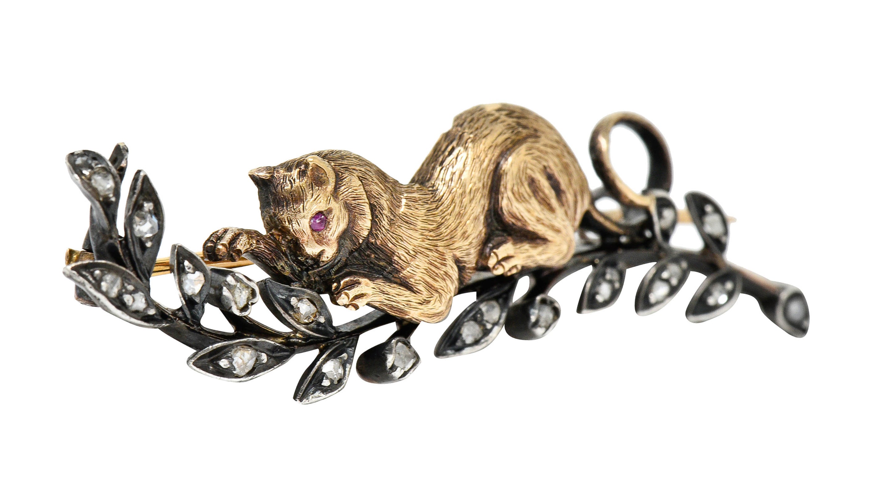 French Victorian Diamond Ruby Silver-Topped 18 Karat Gold Kitten Bar BroochBrooch - Wilson's Estate Jewelry