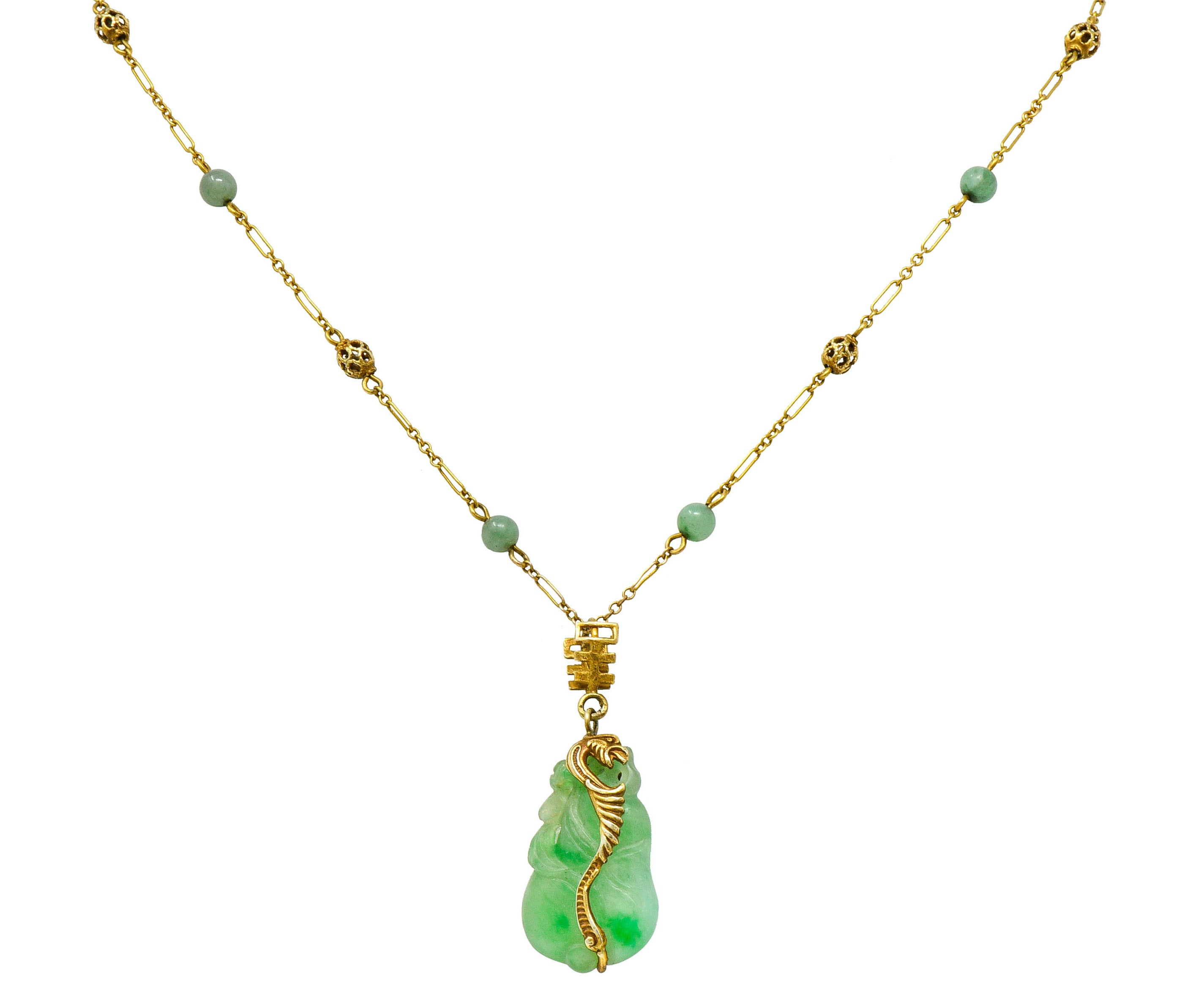 Art Nouveau Carved Jade 14 Karat Gold Drop Station NecklaceNecklace - Wilson's Estate Jewelry