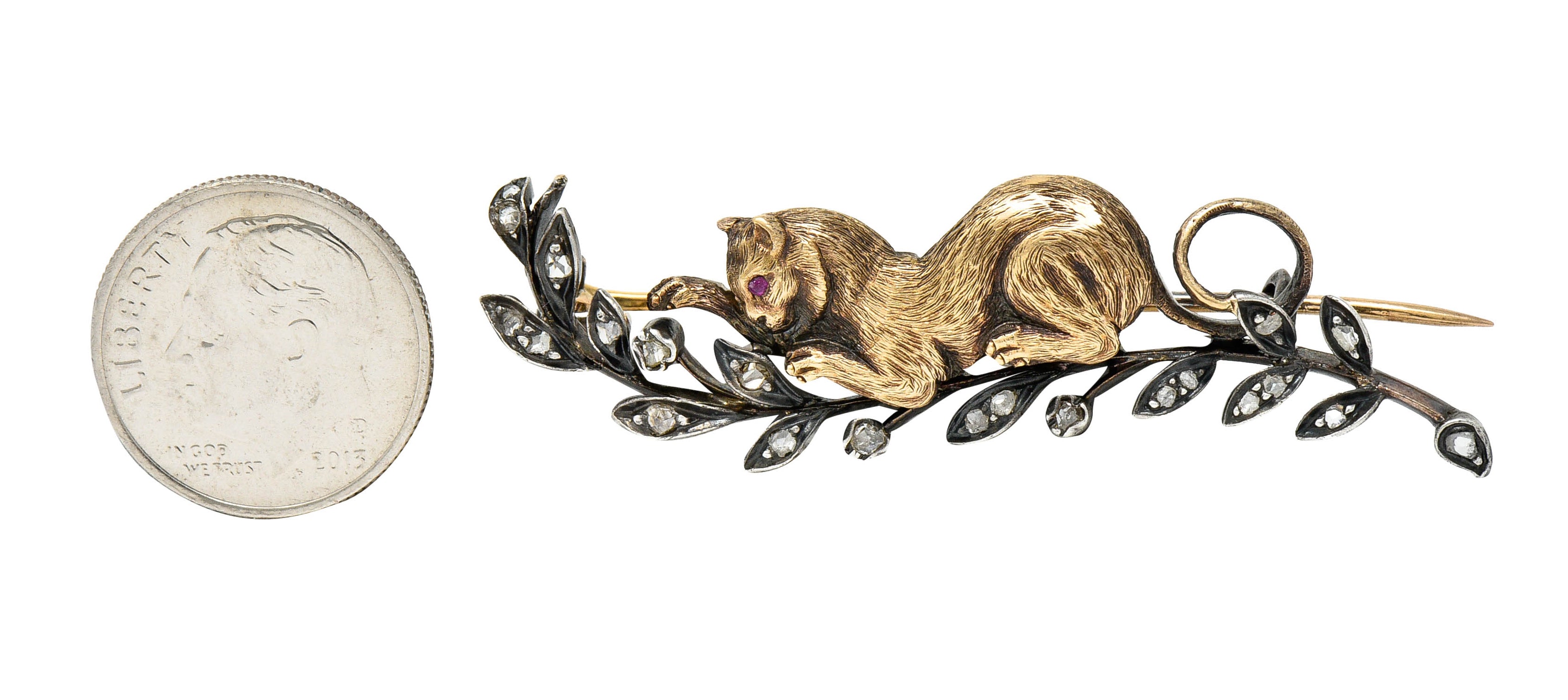 French Victorian Diamond Ruby Silver-Topped 18 Karat Gold Kitten Bar BroochBrooch - Wilson's Estate Jewelry