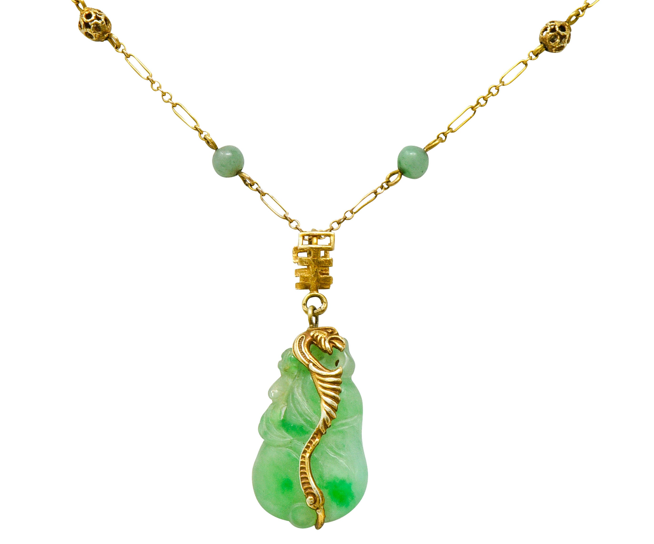 Art Nouveau Carved Jade 14 Karat Gold Drop Station NecklaceNecklace - Wilson's Estate Jewelry