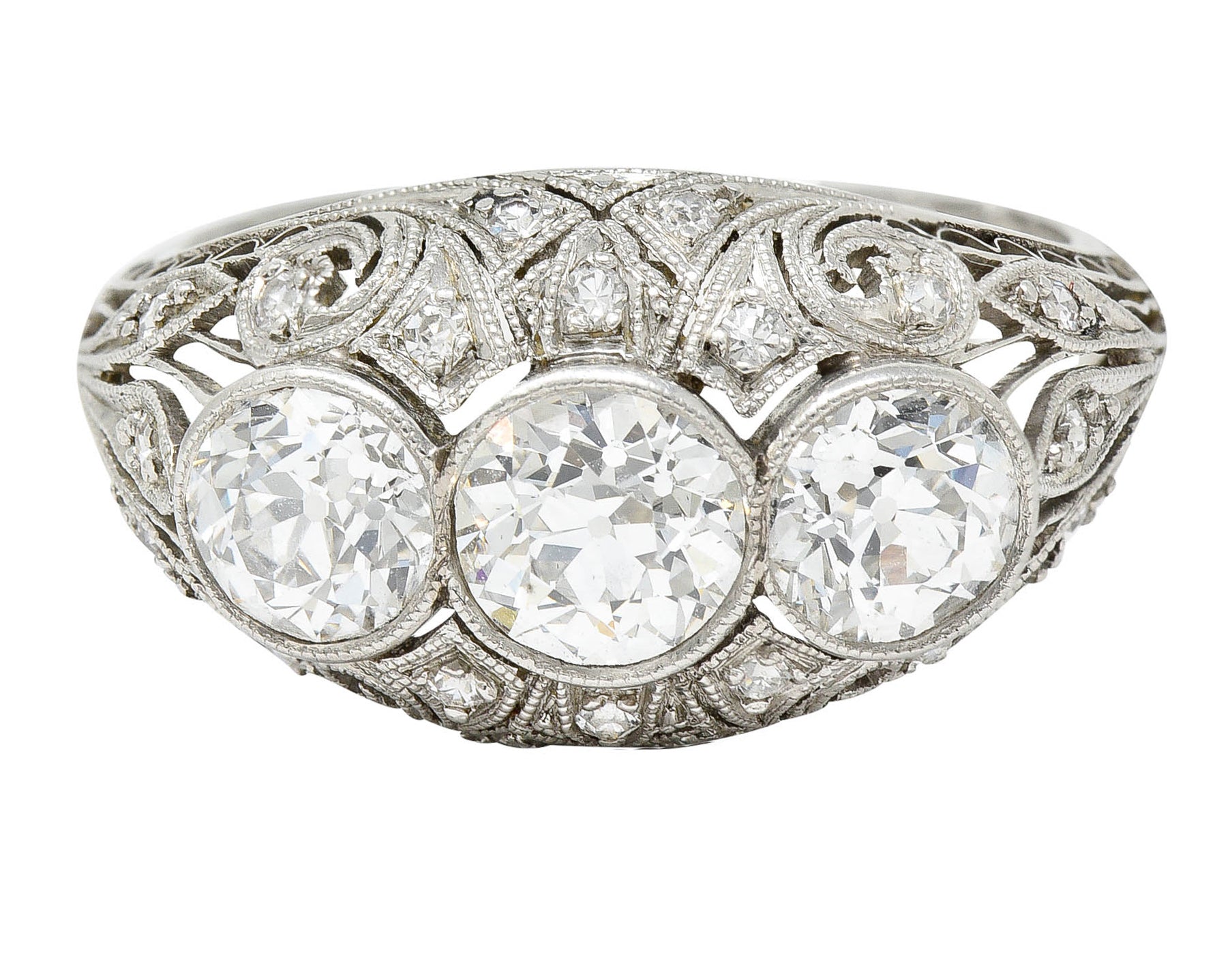 Art Deco 2.12 CTW Diamond Platinum Three Stone Bombe Band RingRing - Wilson's Estate Jewelry