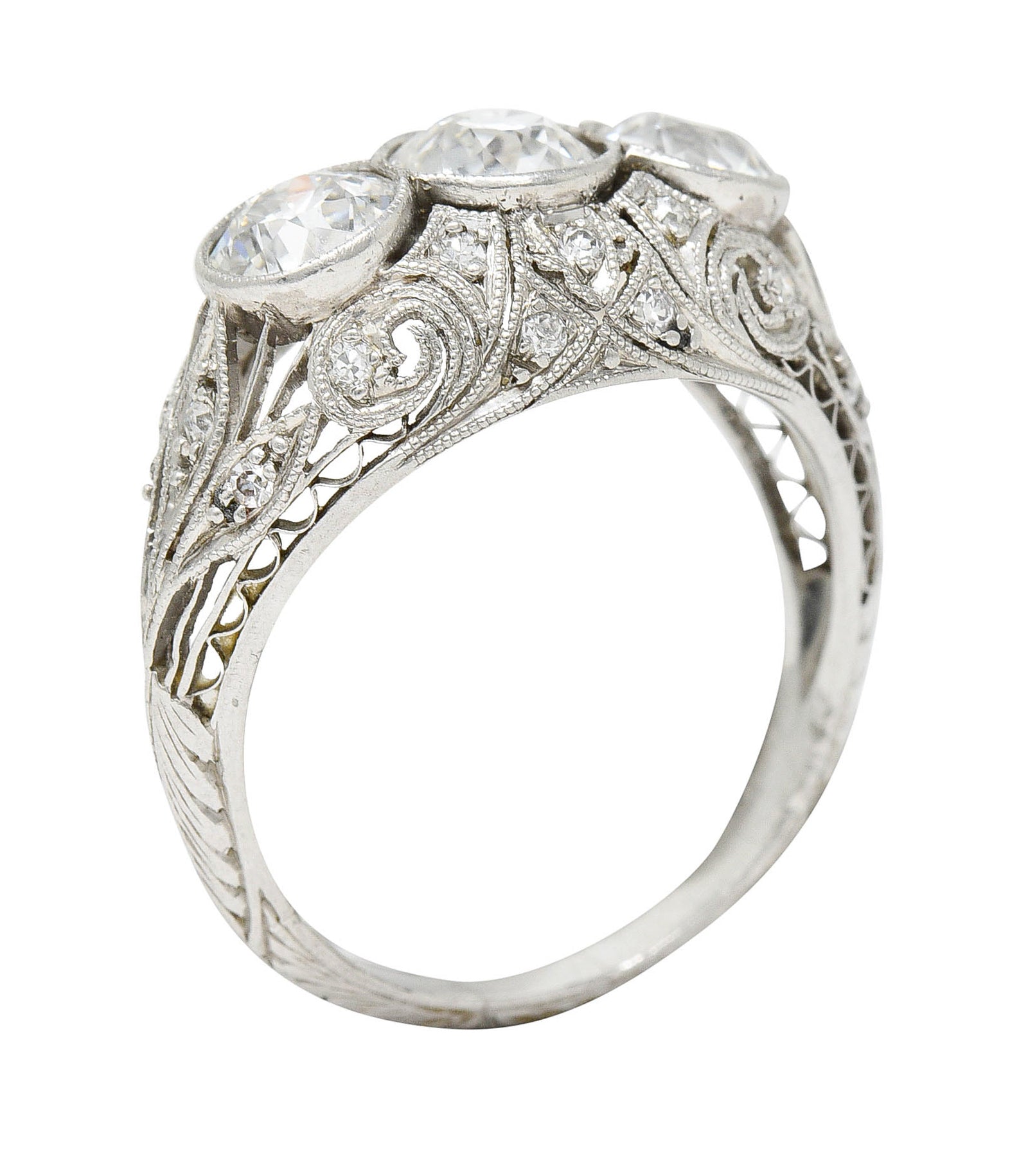 Art Deco 2.12 CTW Diamond Platinum Three Stone Bombe Band RingRing - Wilson's Estate Jewelry