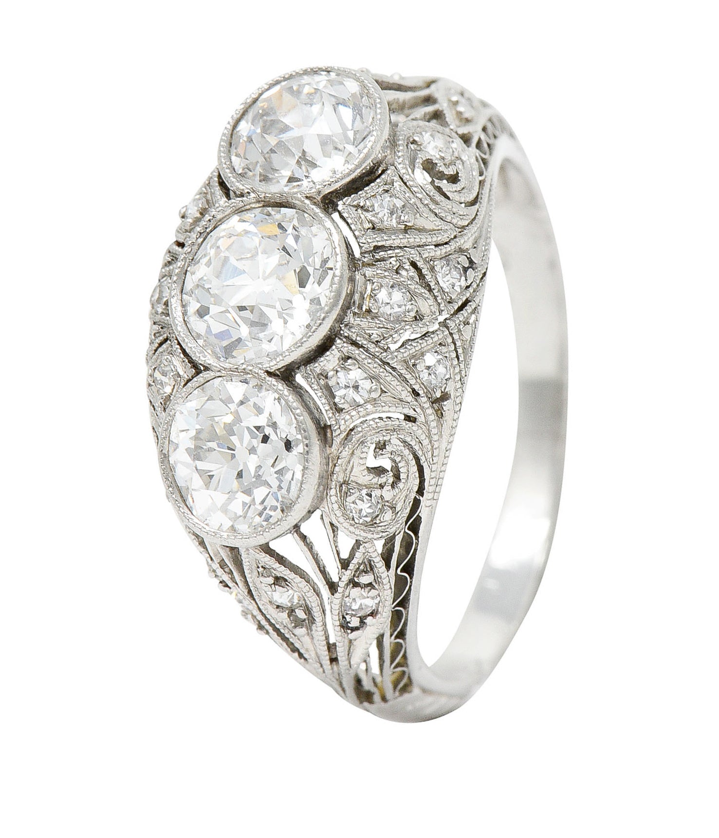 Art Deco 2.12 CTW Diamond Platinum Three Stone Bombe Band RingRing - Wilson's Estate Jewelry