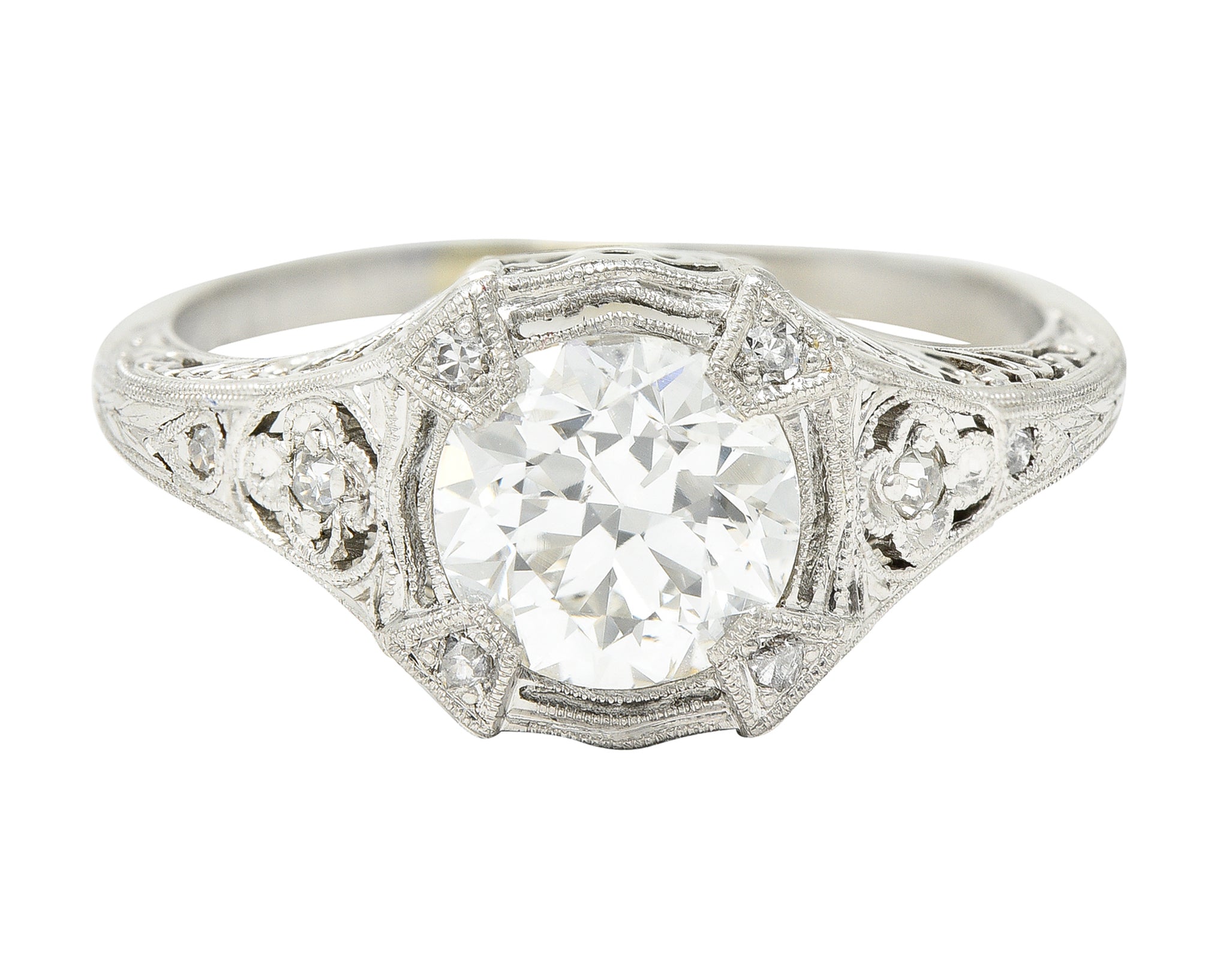 Art Deco 1.08 CTW Old European Cut Diamond Platinum Lotus Filigree Engagement Ring Wilson's Estate Jewelry