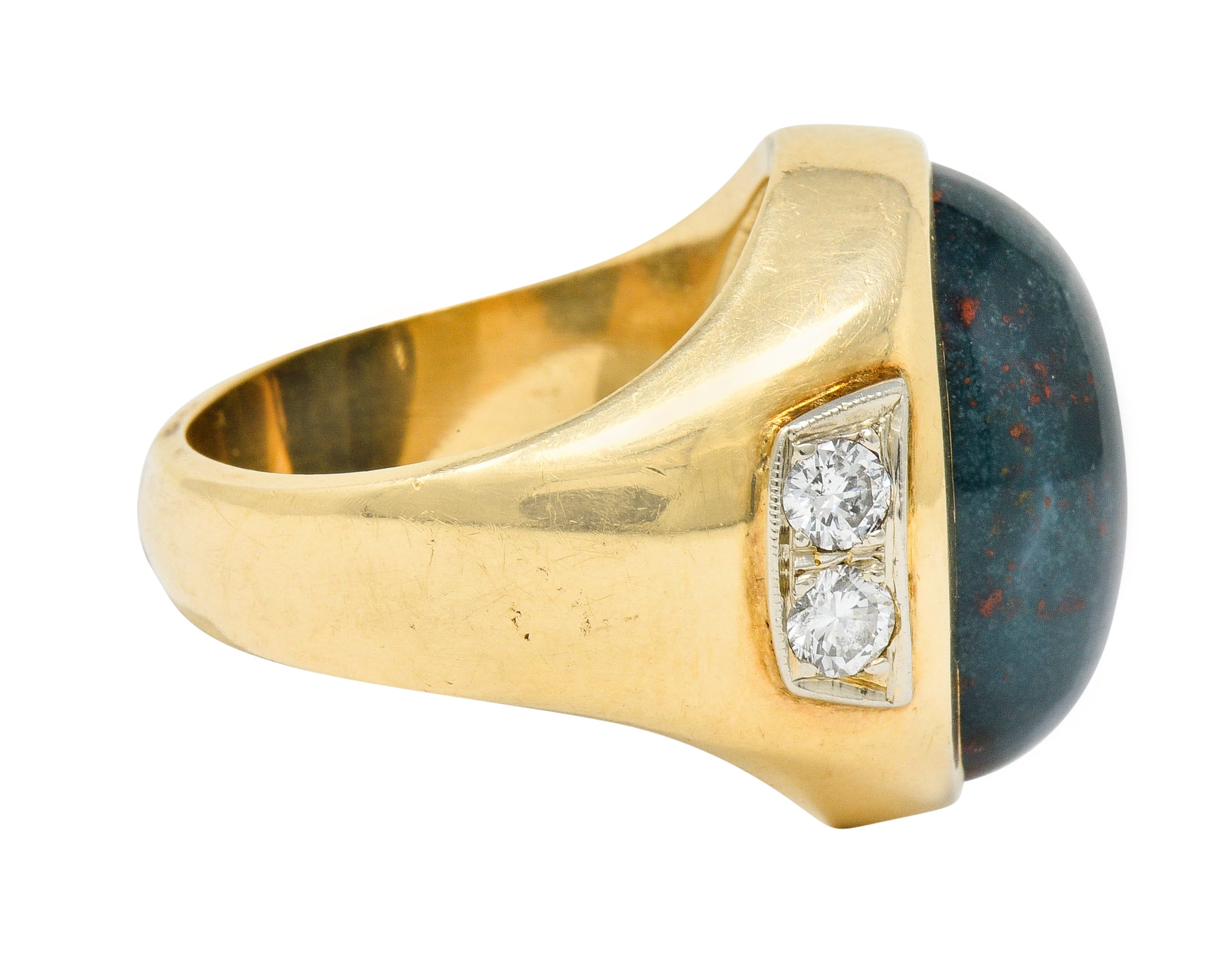 Bold Retro Bloodstone Cabochon Diamond 14 Karat Gold Unisex Ring Wilson's Estate Jewelry