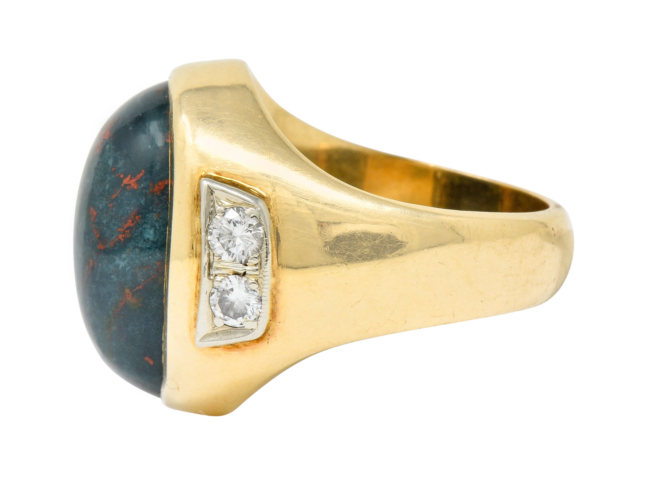 Bold Retro Bloodstone Cabochon Diamond 14 Karat Gold Unisex Ring Wilson's Estate Jewelry