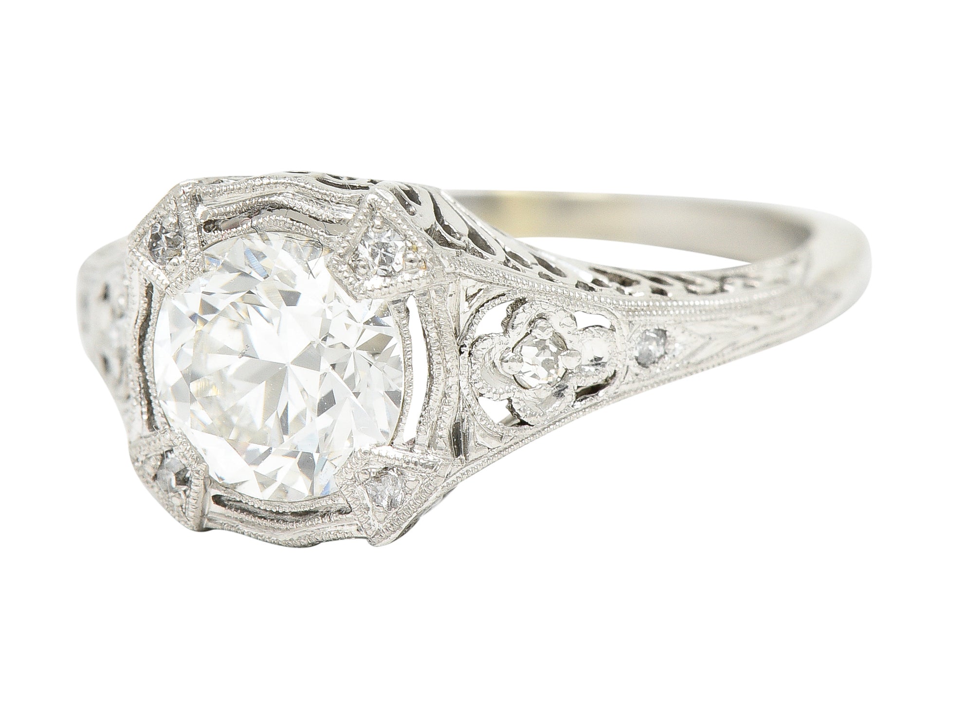 Art Deco 1.08 CTW Old European Cut Diamond Platinum Lotus Filigree Engagement Ring Wilson's Estate Jewelry