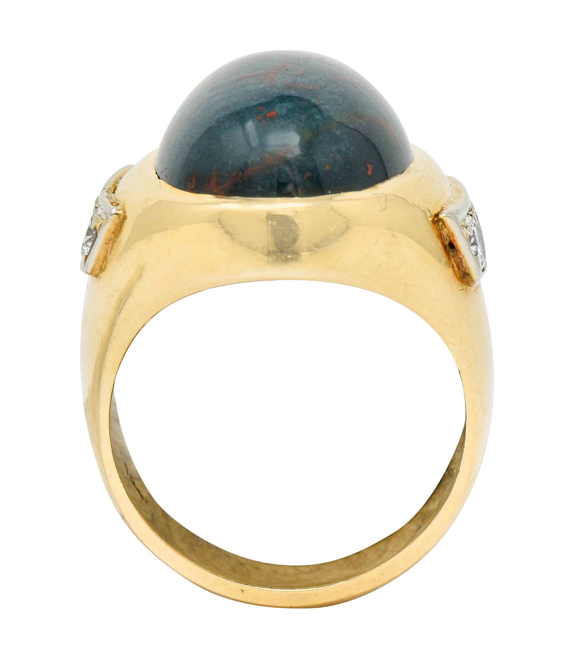 Bold Retro Bloodstone Cabochon Diamond 14 Karat Gold Unisex Ring Wilson's Estate Jewelry