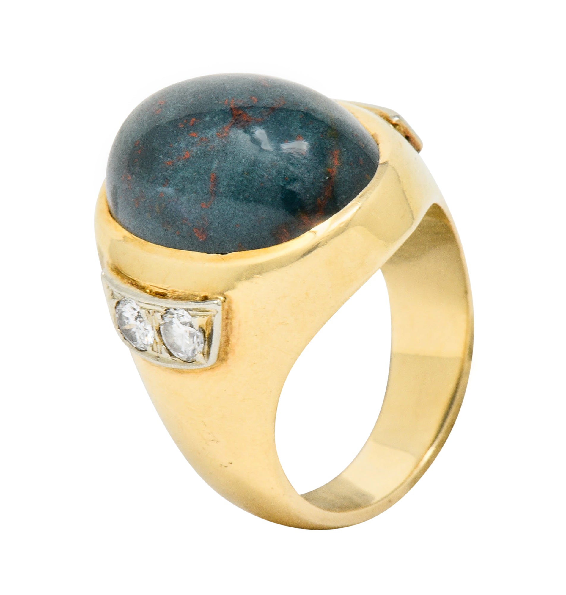 Bold Retro Bloodstone Cabochon Diamond 14 Karat Gold Unisex Ring Wilson's Estate Jewelry