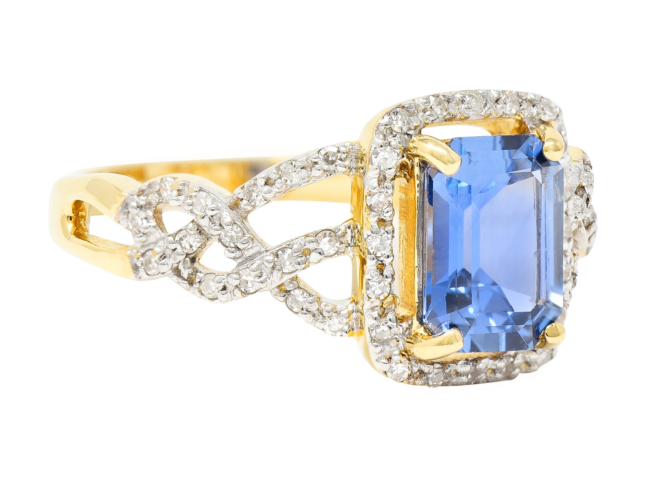 1990's 2.19 CTW Emerald Cut Sapphire Diamond 18 Karat Two-Tone Gold Braided Vintage Halo Ring Wilson's Estate Jewelry