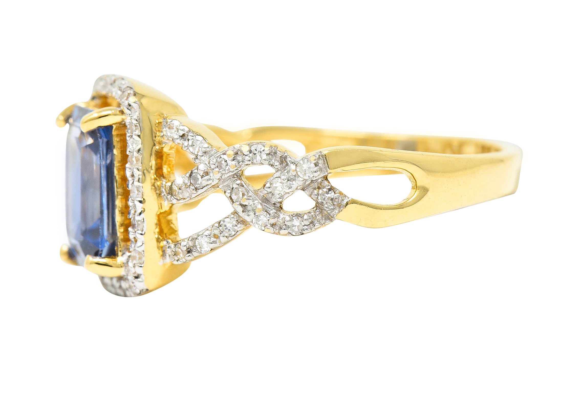 1990's 2.19 CTW Emerald Cut Sapphire Diamond 18 Karat Two-Tone Gold Braided Vintage Halo Ring Wilson's Estate Jewelry