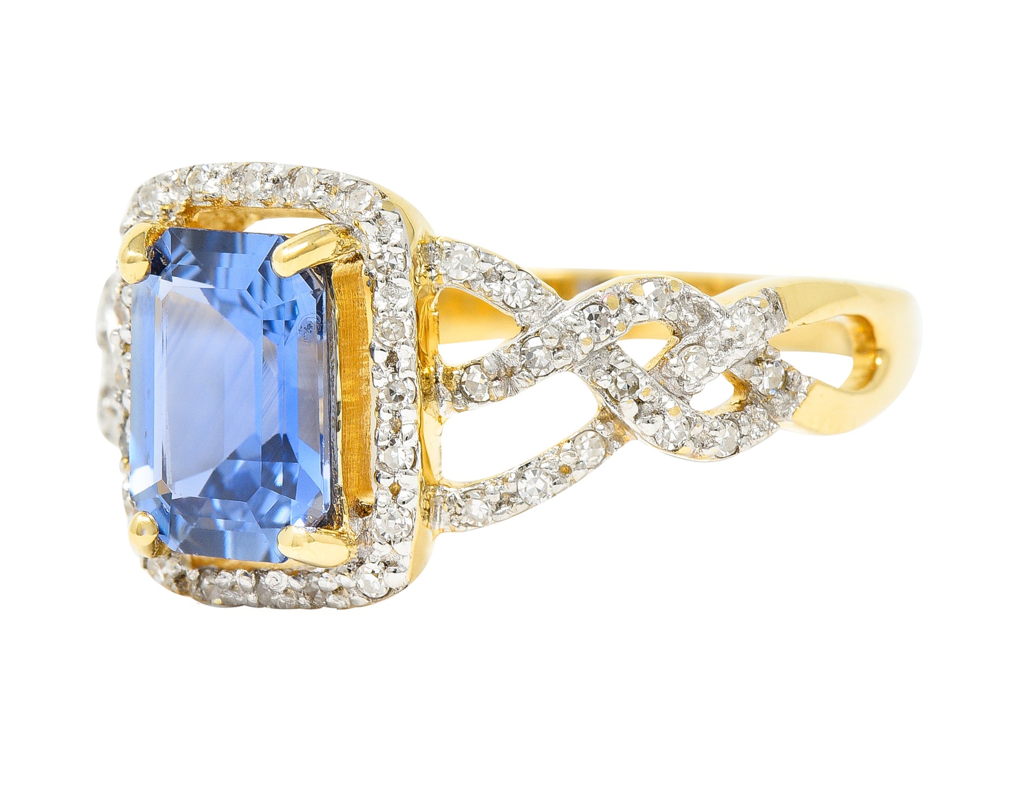 1990's 2.19 CTW Emerald Cut Sapphire Diamond 18 Karat Two-Tone Gold Braided Vintage Halo Ring Wilson's Estate Jewelry