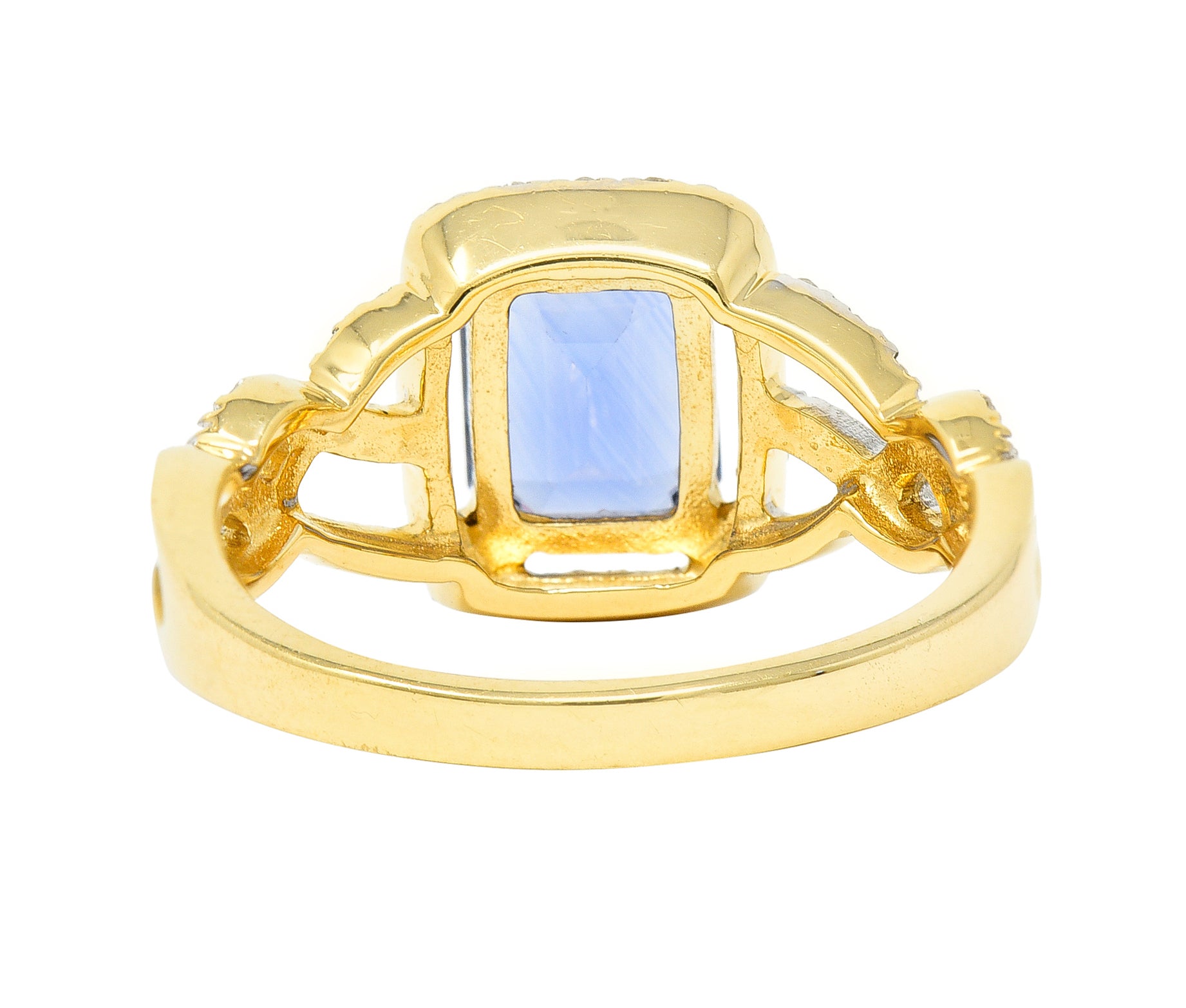 1990's 2.19 CTW Emerald Cut Sapphire Diamond 18 Karat Two-Tone Gold Braided Vintage Halo Ring Wilson's Estate Jewelry