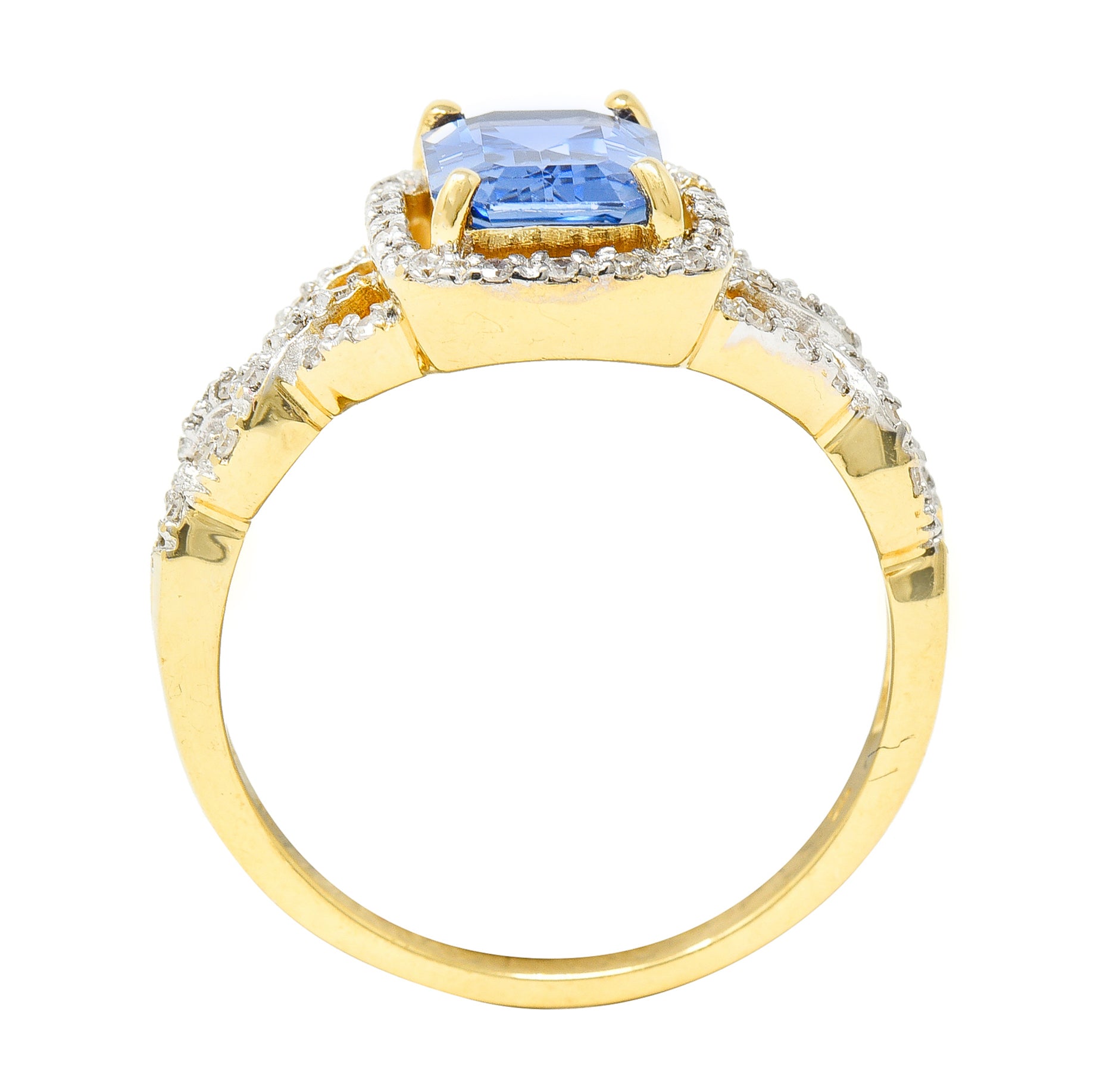 1990's 2.19 CTW Emerald Cut Sapphire Diamond 18 Karat Two-Tone Gold Braided Vintage Halo Ring Wilson's Estate Jewelry