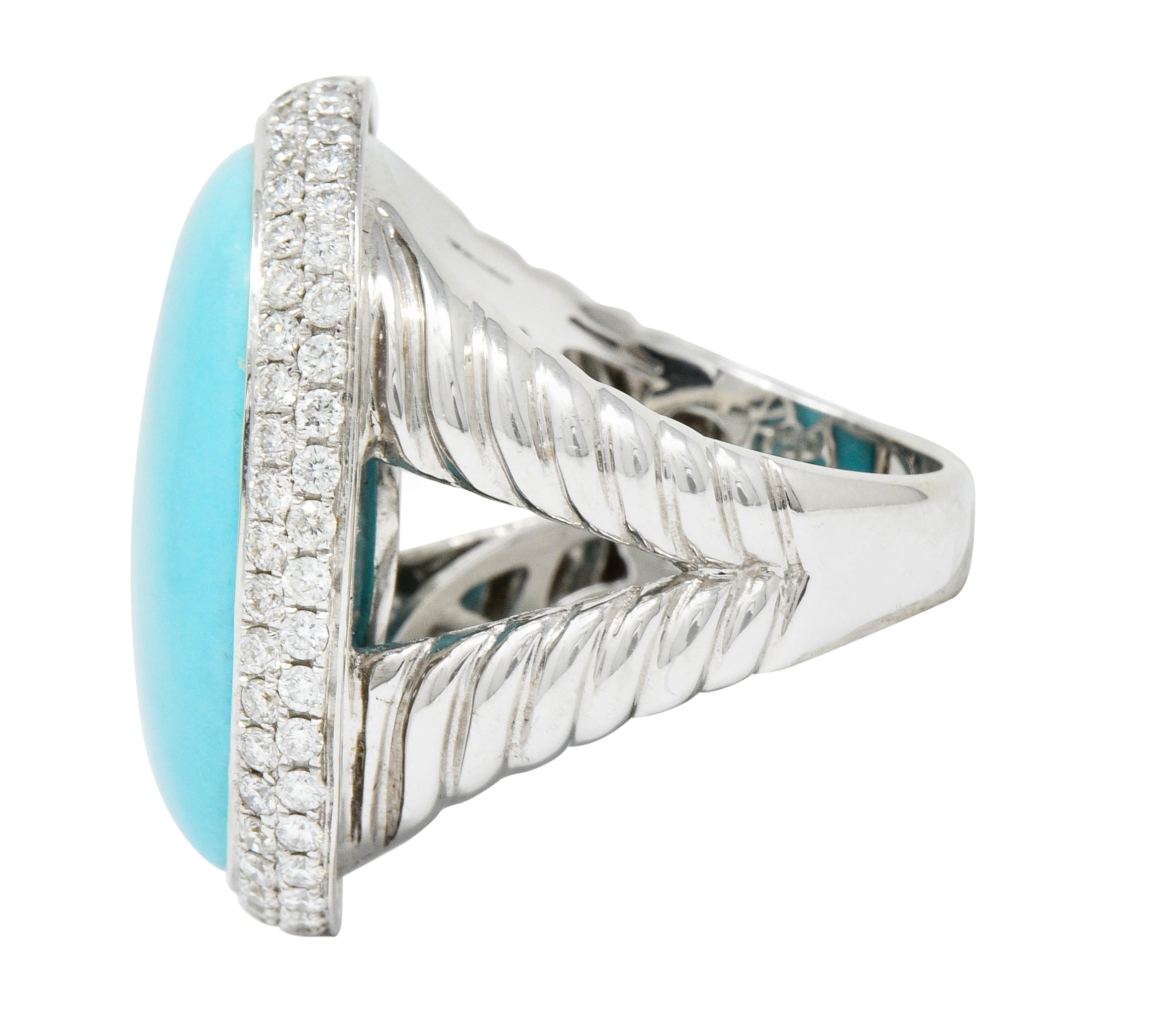 1990's Vintage Turquoise 1.25 CTW Diamond 18 Karat White Gold Statement Ring Wilson's Estate Jewelry