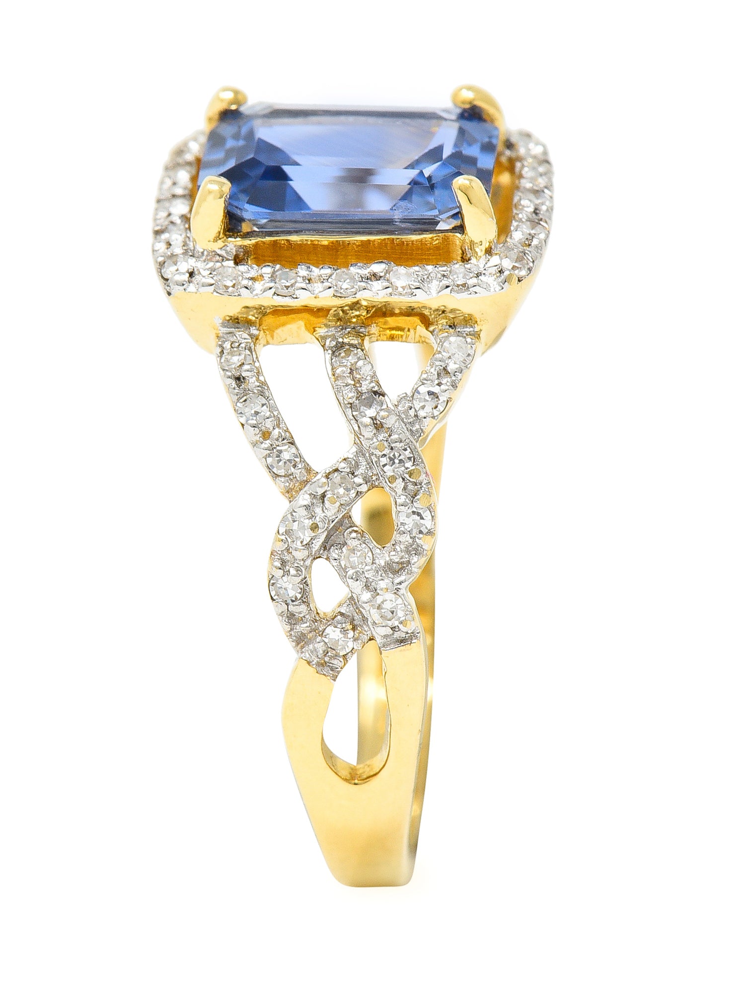 1990's 2.19 CTW Emerald Cut Sapphire Diamond 18 Karat Two-Tone Gold Braided Vintage Halo Ring Wilson's Estate Jewelry