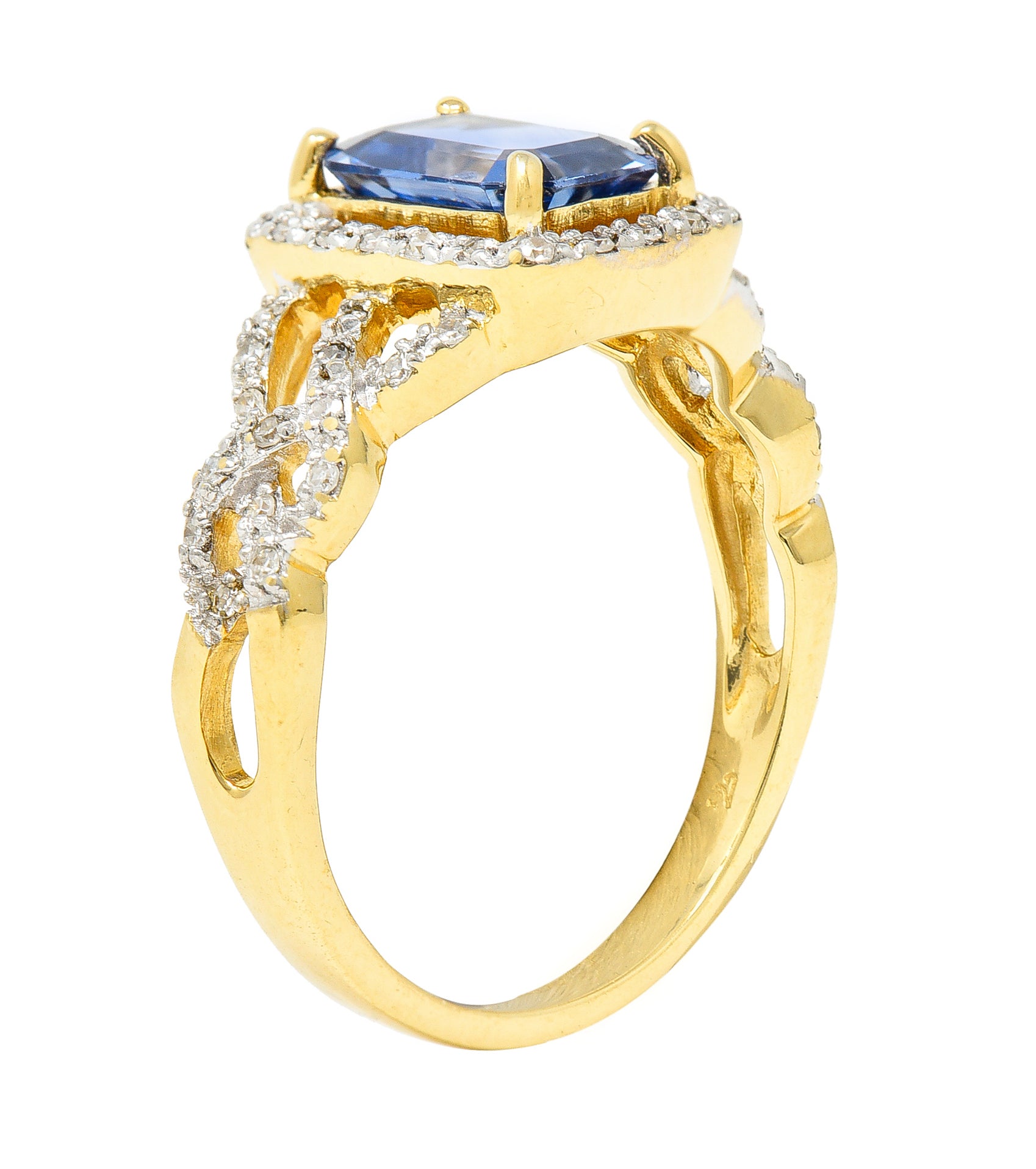 1990's 2.19 CTW Emerald Cut Sapphire Diamond 18 Karat Two-Tone Gold Braided Vintage Halo Ring Wilson's Estate Jewelry