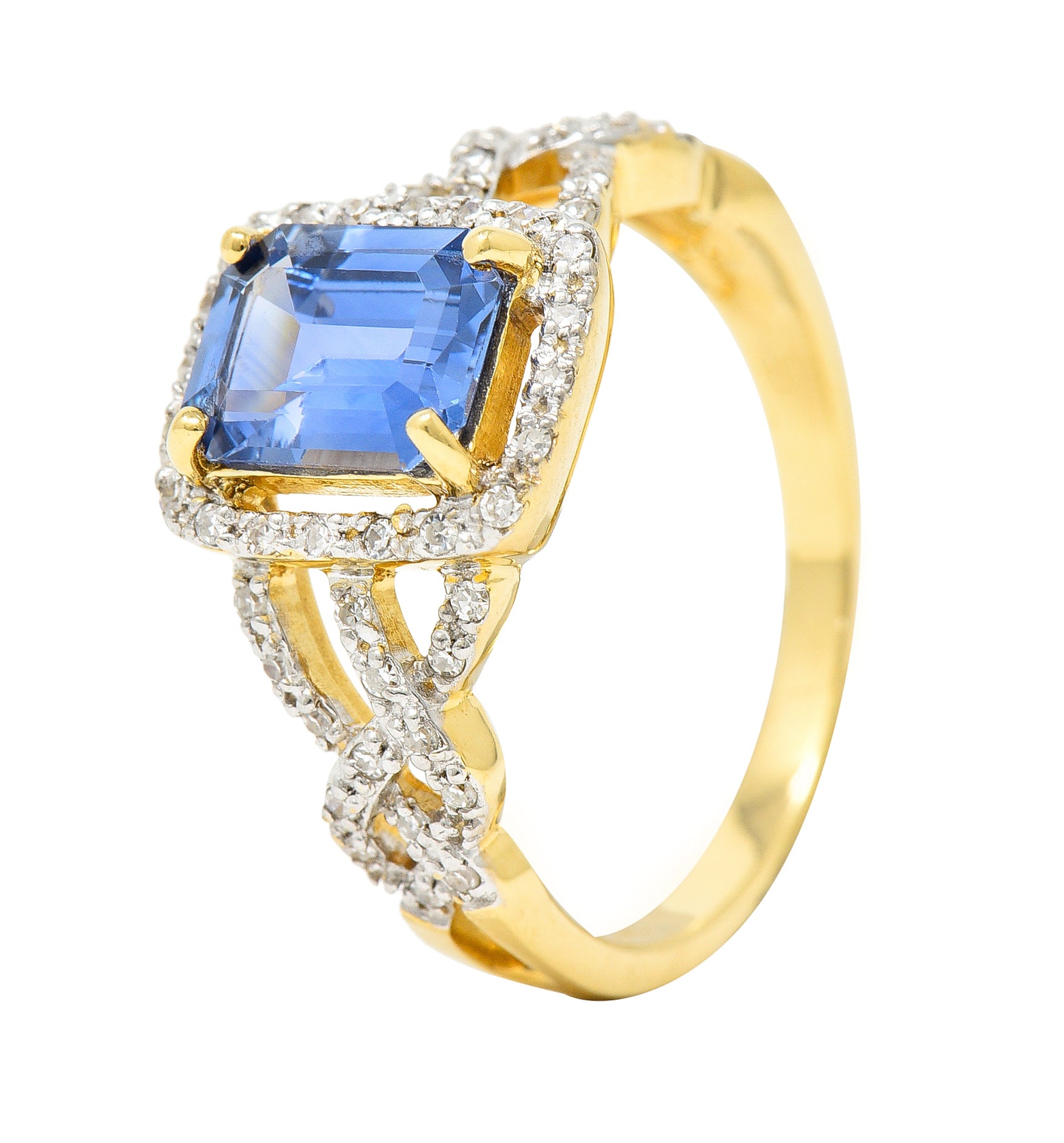 1990's 2.19 CTW Emerald Cut Sapphire Diamond 18 Karat Two-Tone Gold Braided Vintage Halo Ring Wilson's Estate Jewelry