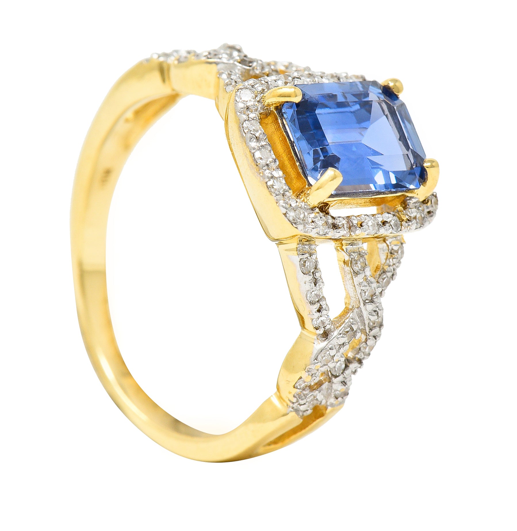 1990's 2.19 CTW Emerald Cut Sapphire Diamond 18 Karat Two-Tone Gold Braided Vintage Halo Ring Wilson's Estate Jewelry