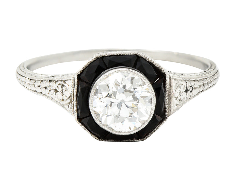 Art Deco 0.70 CTW Old European Cut Diamond French Cut Onyx Halo