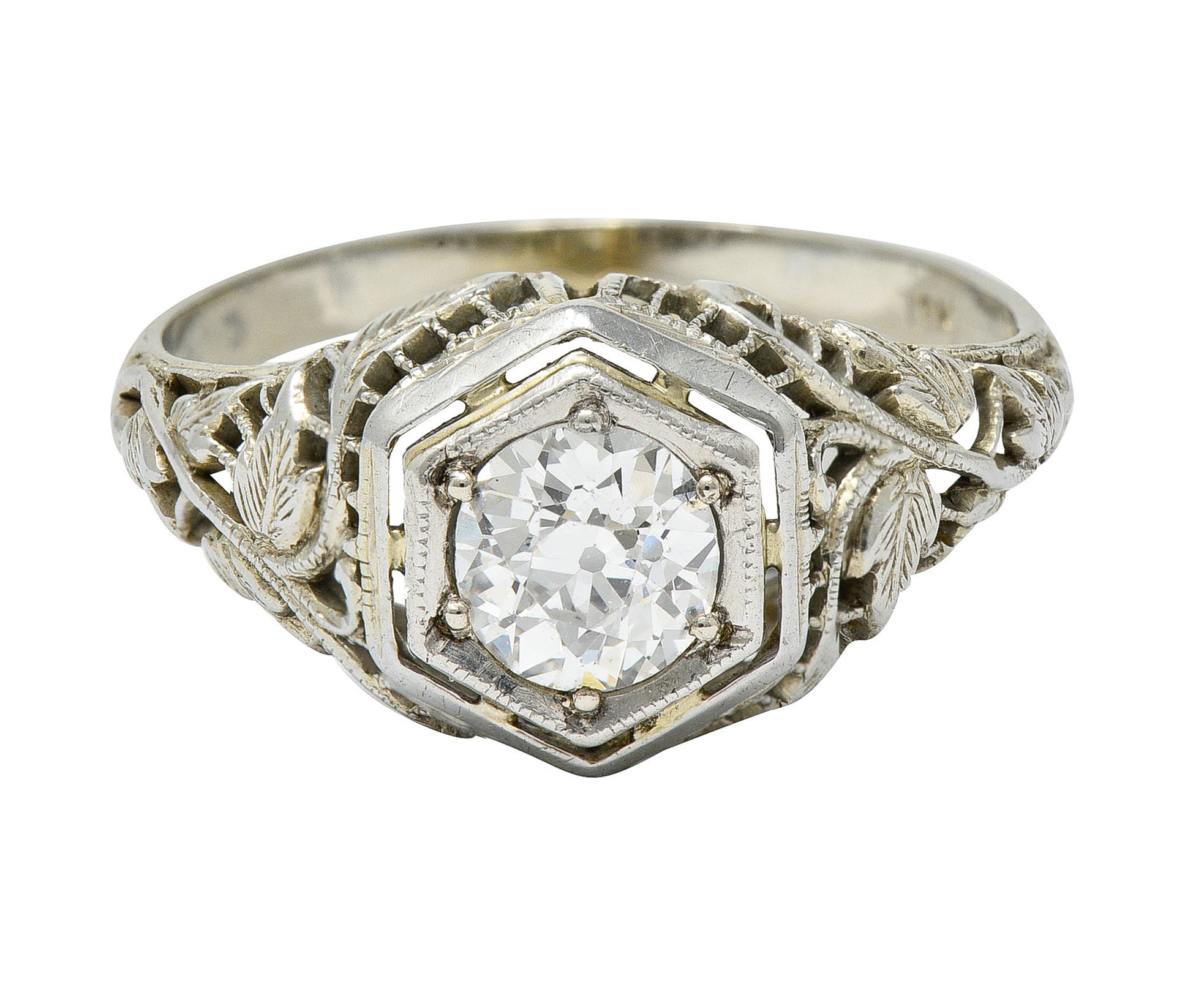 1920's Art Deco 0.62 CTW Diamond 18 Karat White Gold Hexagonal Engagement RingRing - Wilson's Estate Jewelry