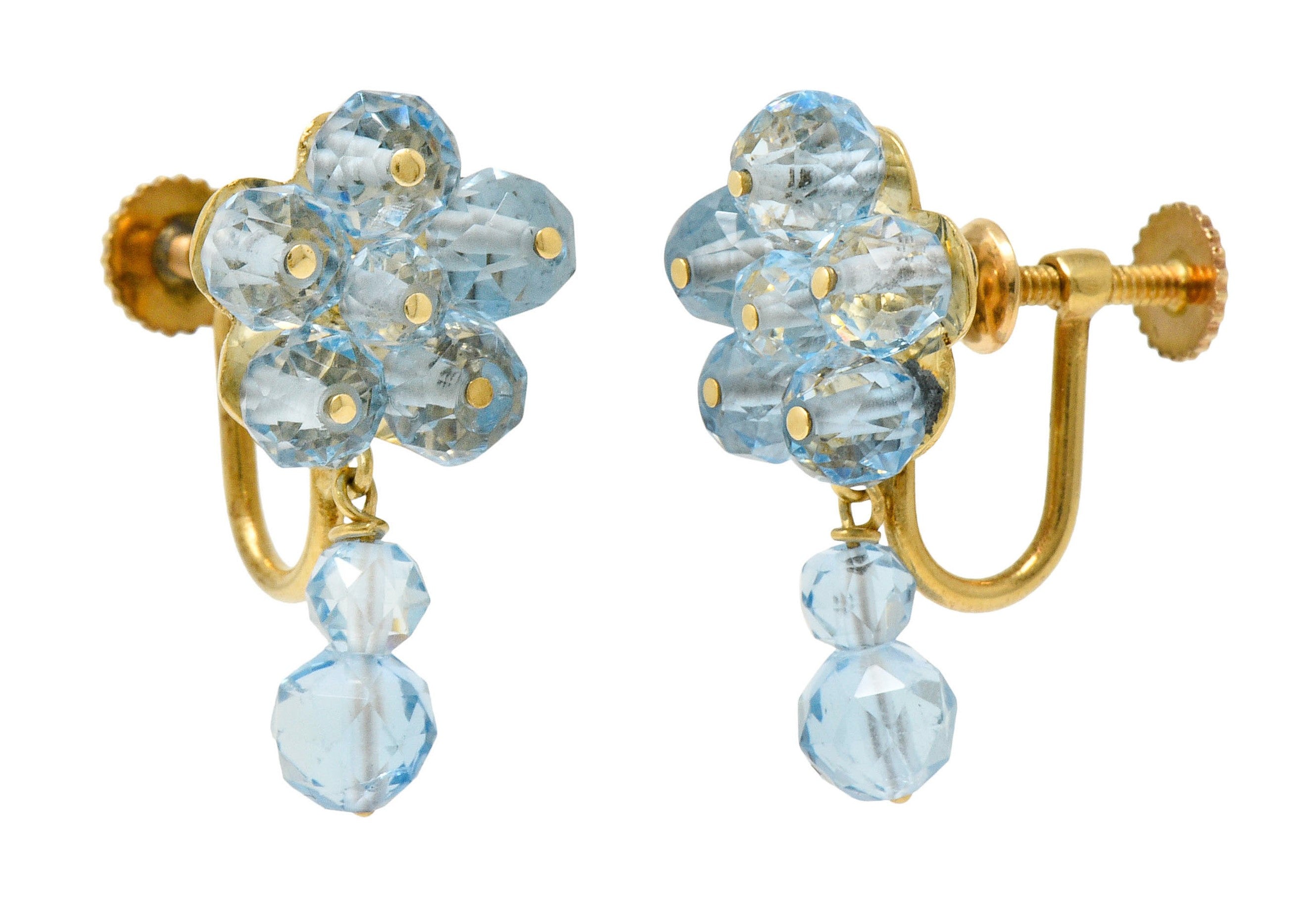 Retro Aquamarine 14 Karat Gold Floral Cluster Screwback EarringsEarrings - Wilson's Estate Jewelry