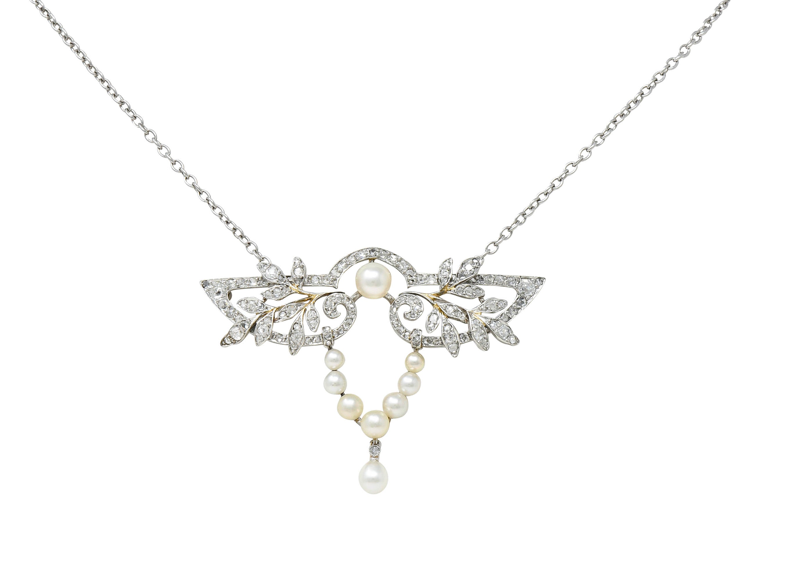 Edwardian Pearl Rose Cut Diamond Platinum Laurel Station NecklaceNecklace - Wilson's Estate Jewelry