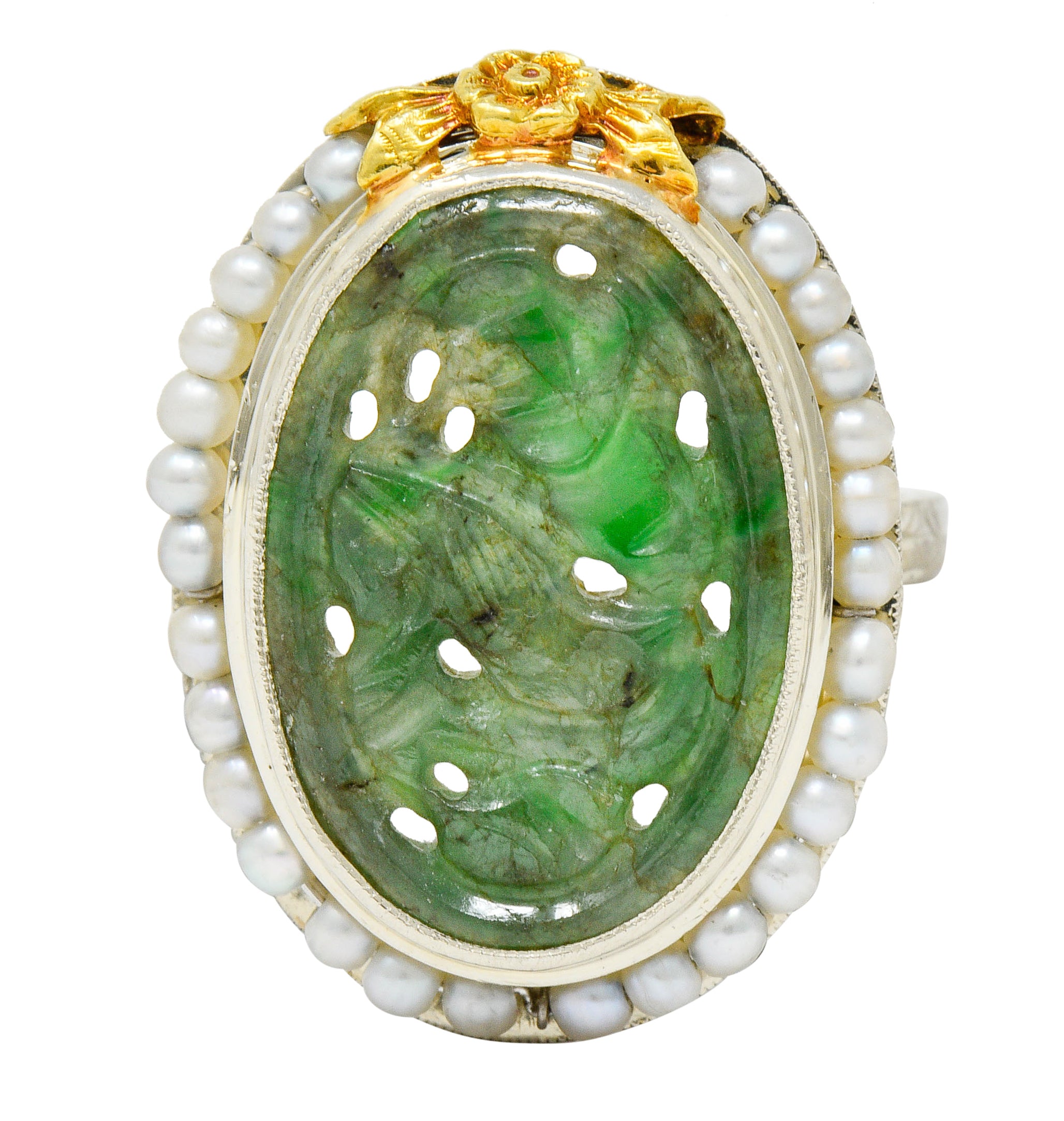 Art Deco Carved Jade Pearl 18 Karat Two-Tone Gold Cluster RingRing - Wilson's Estate Jewelry