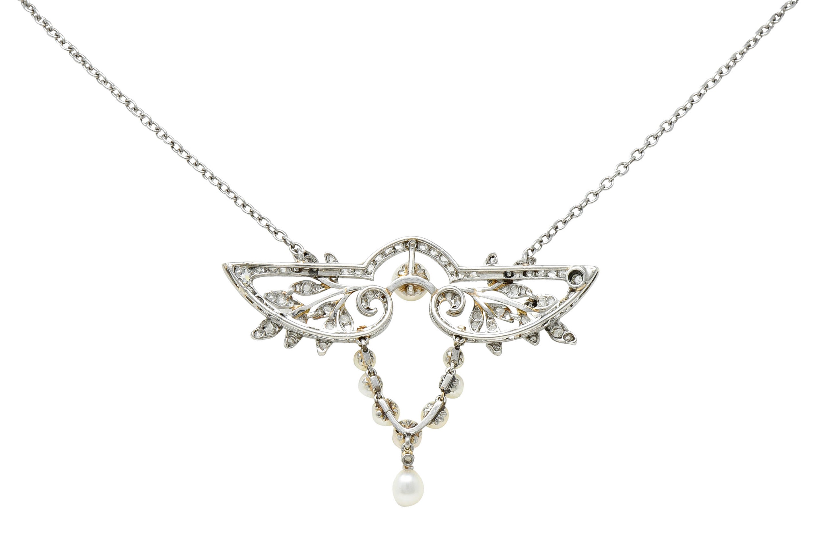 Edwardian Pearl Rose Cut Diamond Platinum Laurel Station NecklaceNecklace - Wilson's Estate Jewelry