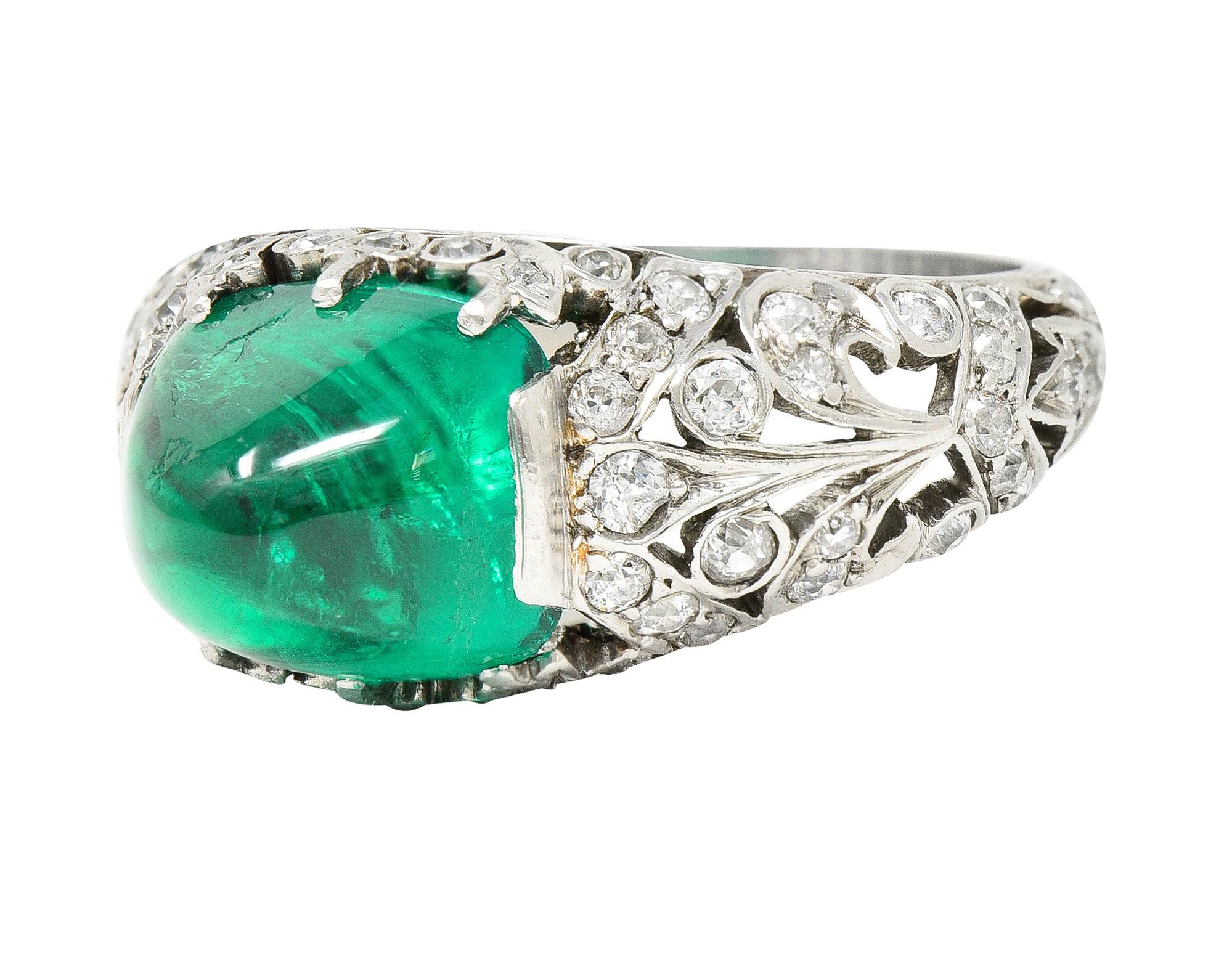 Edwardian 5.90 CTW Colombian Emerald Cabochon Old European Cut Diamond Platinum Scrolling Fleur-De-Lis Antique Gemstone Ring AGL Wilson's Estate Jewelry