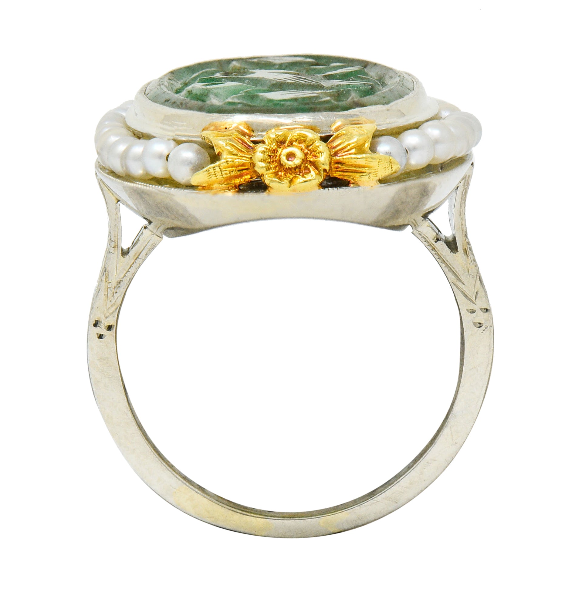 Art Deco Carved Jade Pearl 18 Karat Two-Tone Gold Cluster RingRing - Wilson's Estate Jewelry