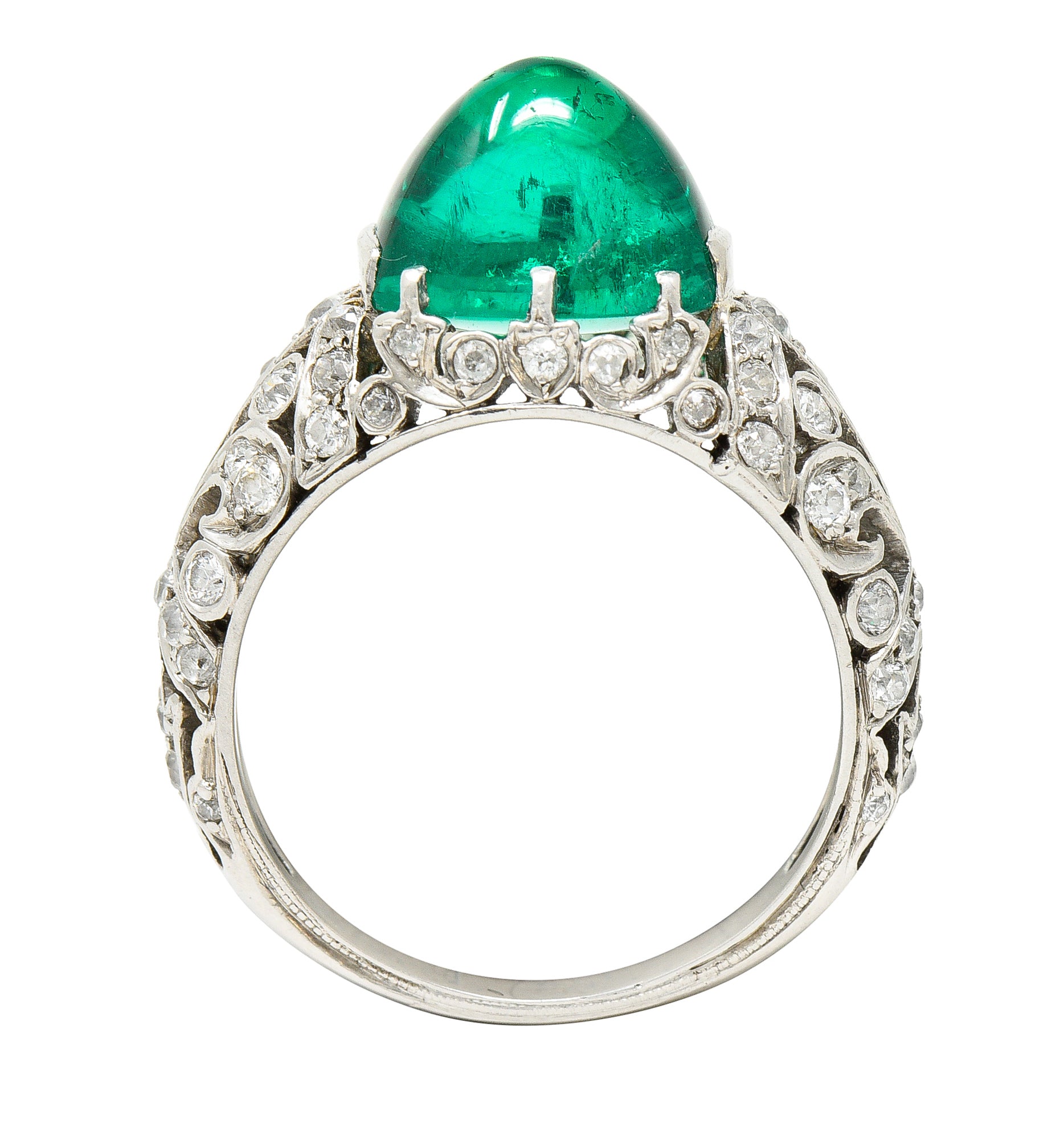 Edwardian 5.90 CTW Colombian Emerald Cabochon Old European Cut Diamond Platinum Scrolling Fleur-De-Lis Antique Gemstone Ring AGL Wilson's Estate Jewelry