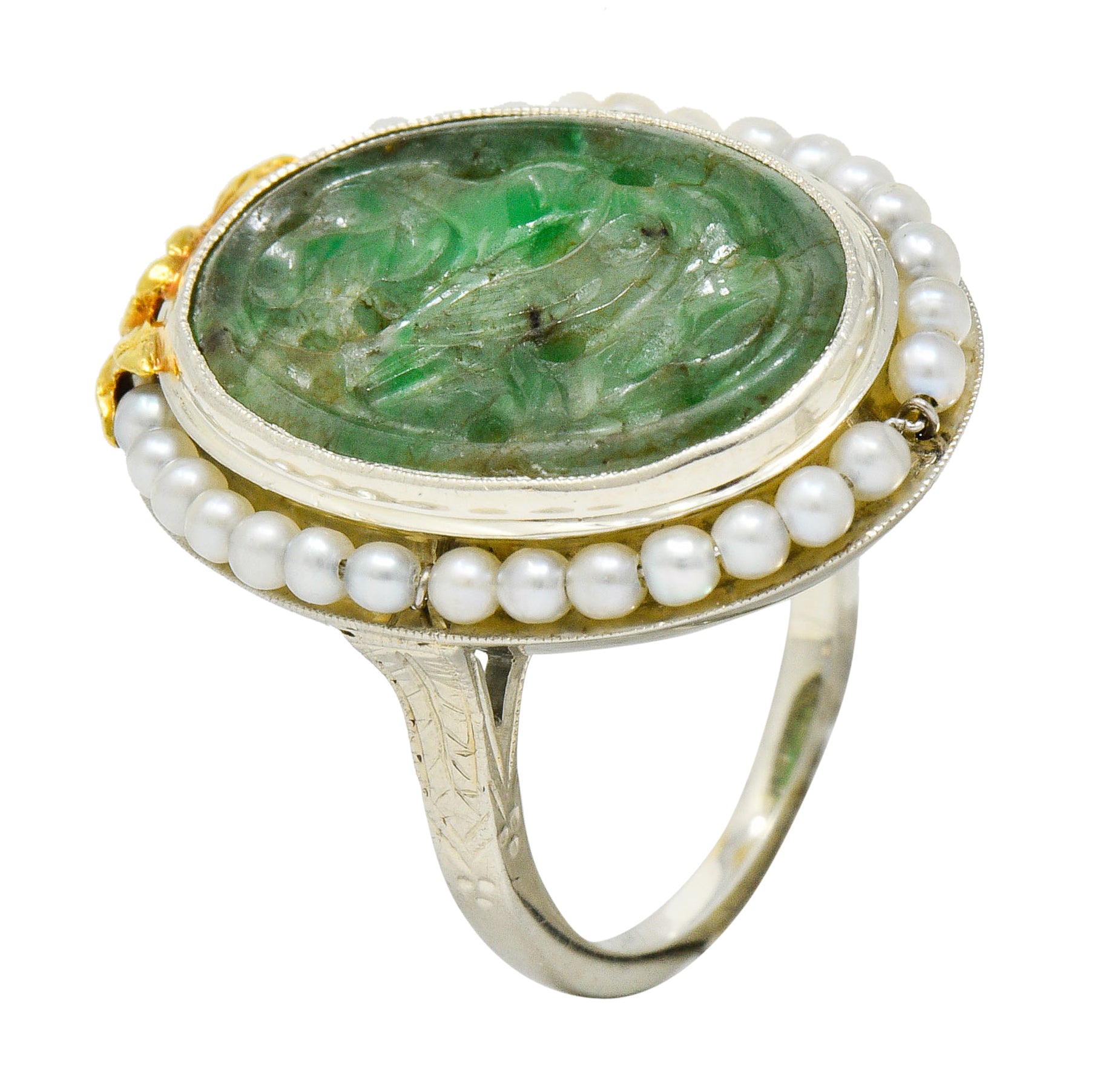 Art Deco Carved Jade Pearl 18 Karat Two-Tone Gold Cluster RingRing - Wilson's Estate Jewelry