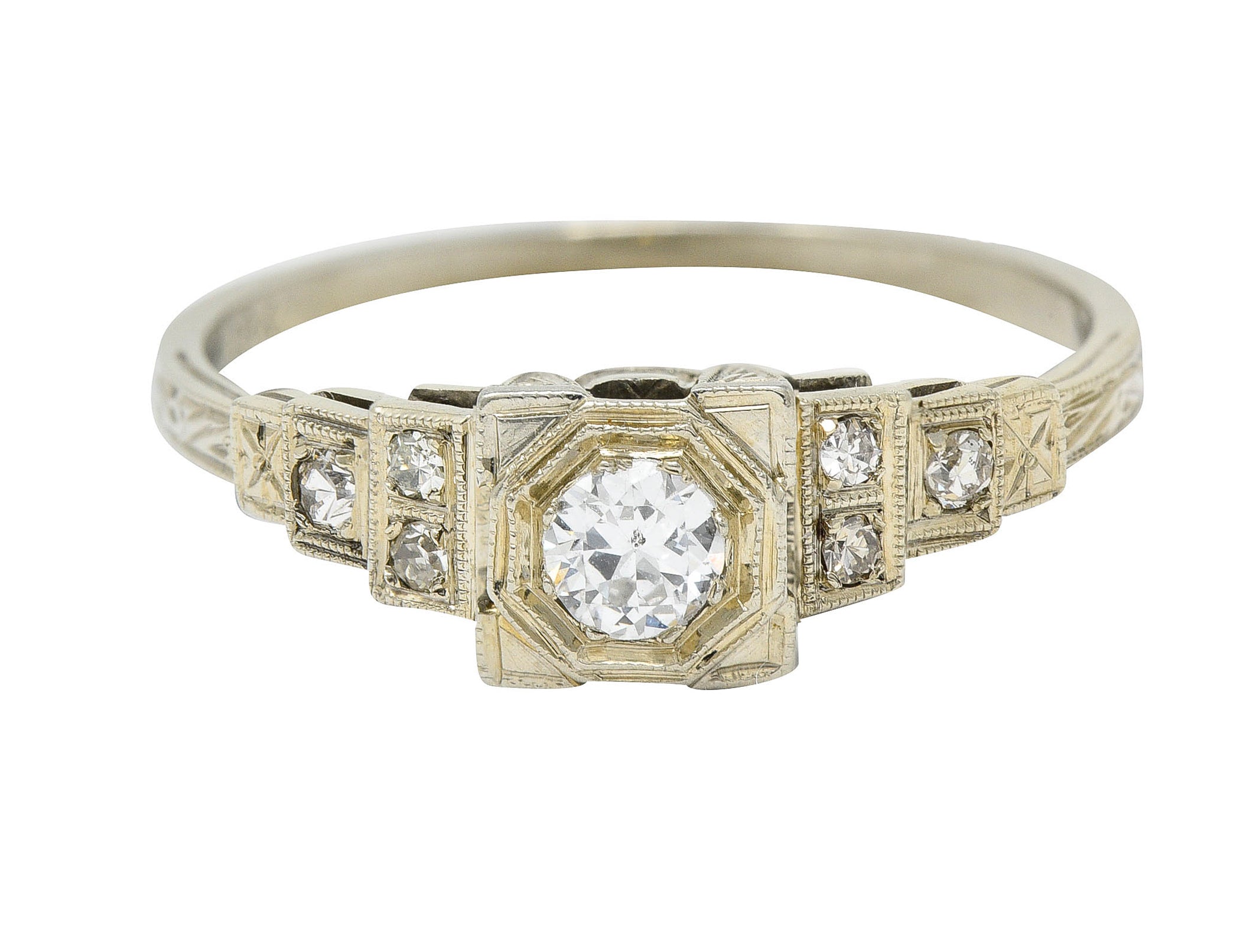 Art Deco 0.27 CTW Diamond 18 Karat White Gold Octagonal Step Engagement RingRing - Wilson's Estate Jewelry